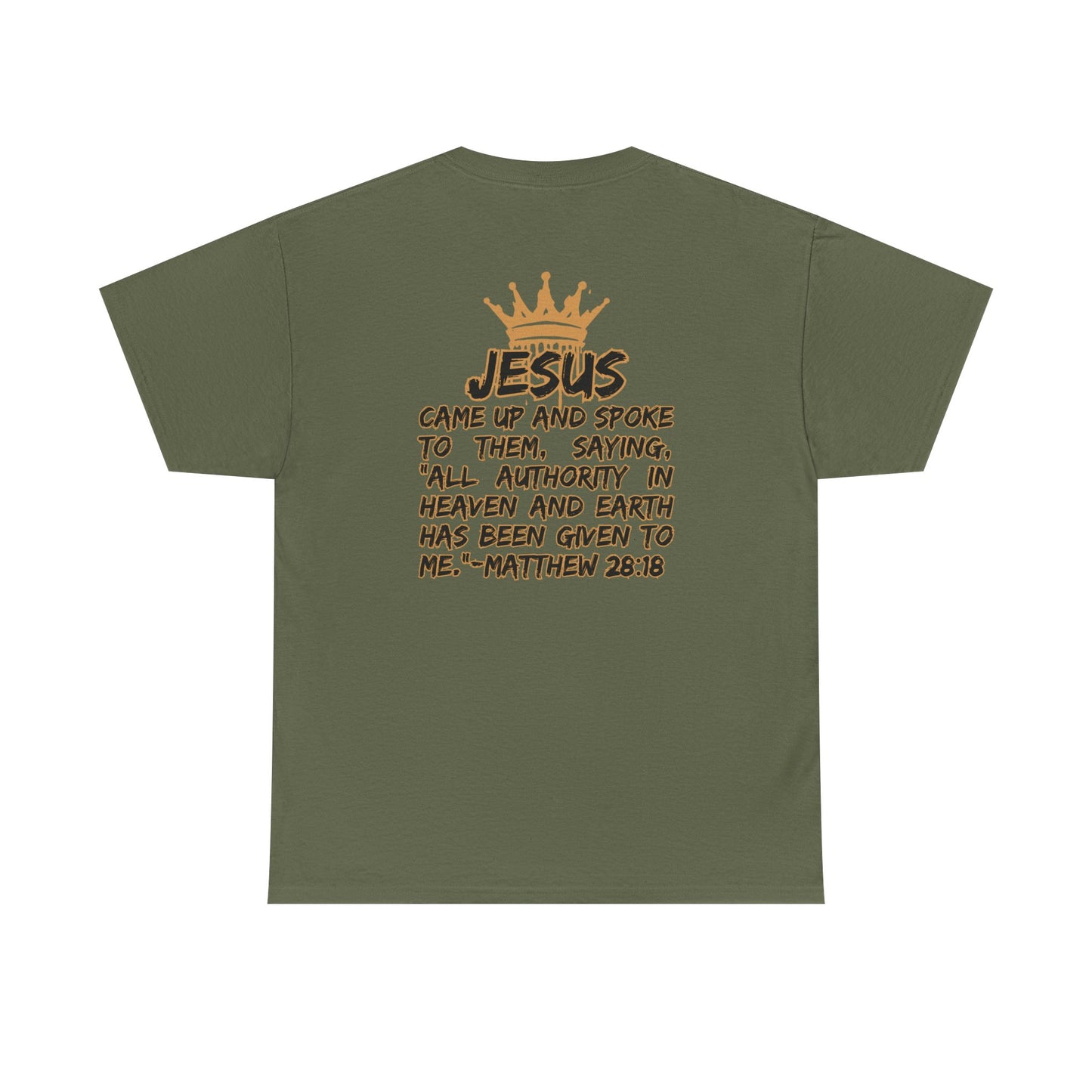Logos Co. olive green Christian statement shirt with Jesus scripture and crown graphic on back