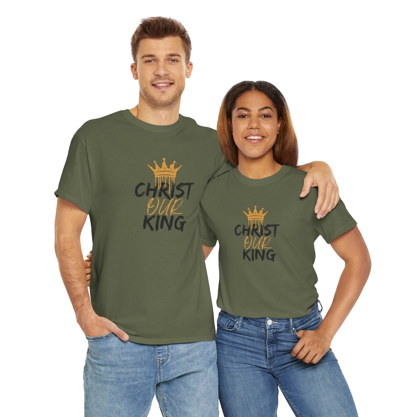 Logos Co. olive green Christian statement shirt with Christ Our King design worn by smiling man and woman