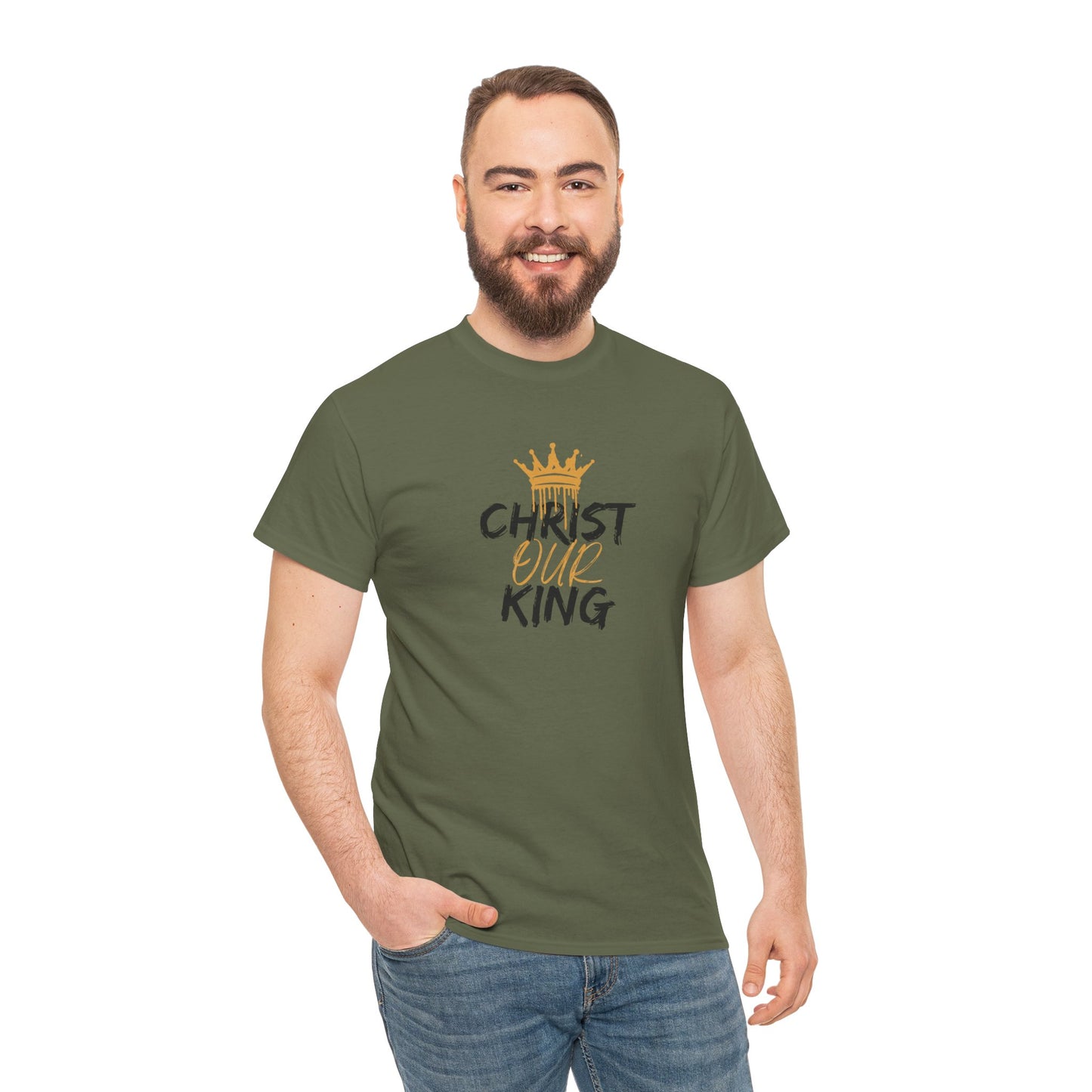 Logos Co. green Christian statement shirt with Christ Our King text and crown graphic worn by smiling man