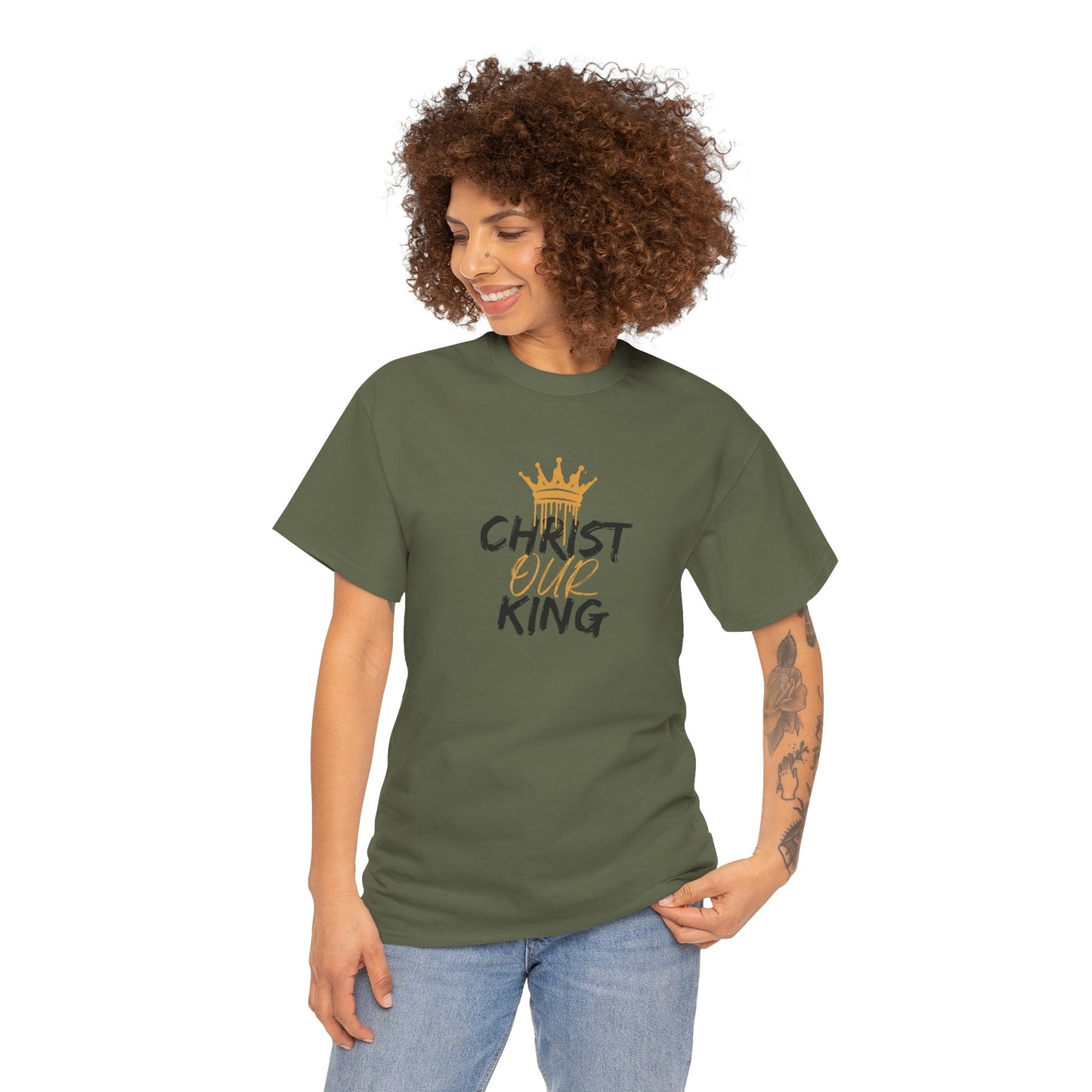 Logos Co. olive green Christian statement shirt with Christ Our King text and gold crown design