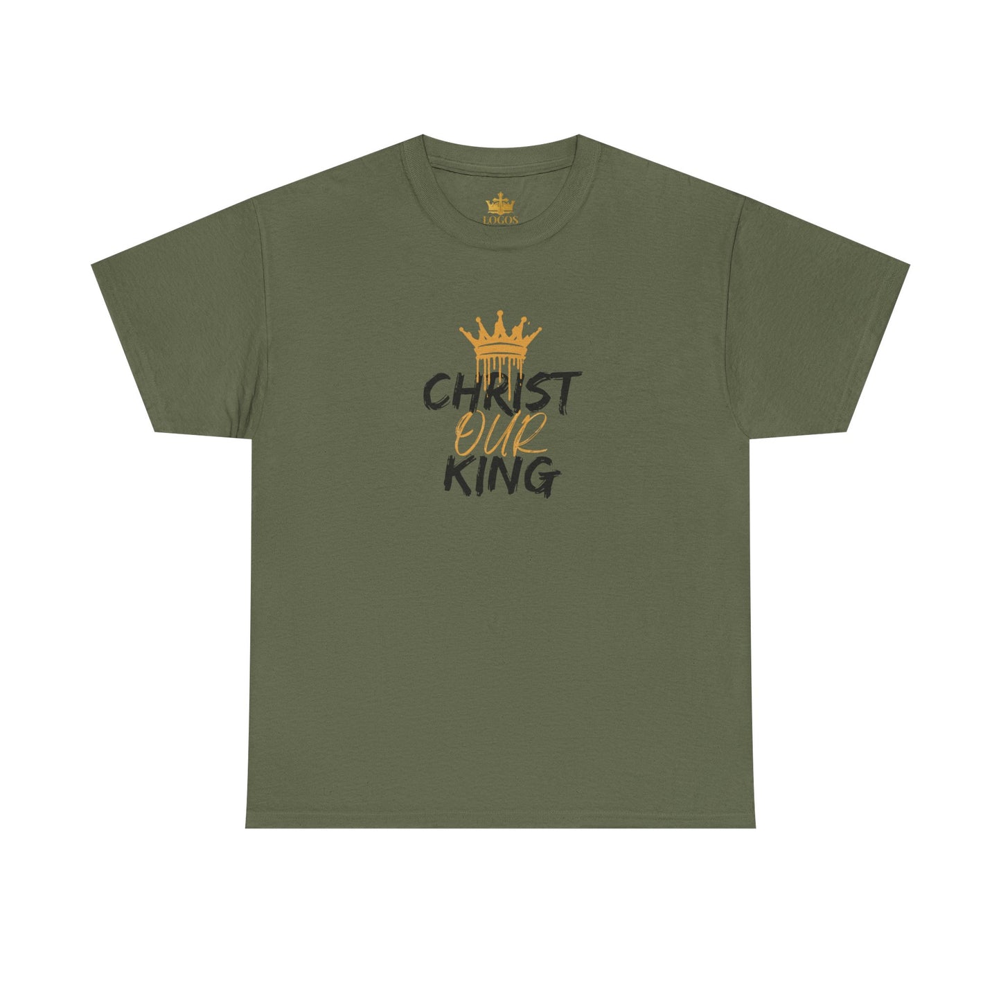 Olive green Christian statement shirt with Christ Our King text and gold crown design by Logos Co.