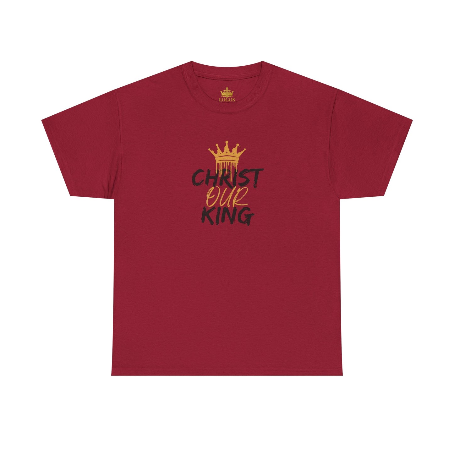 Red Christian statement shirt with gold crown and text Christ Our King printed on front