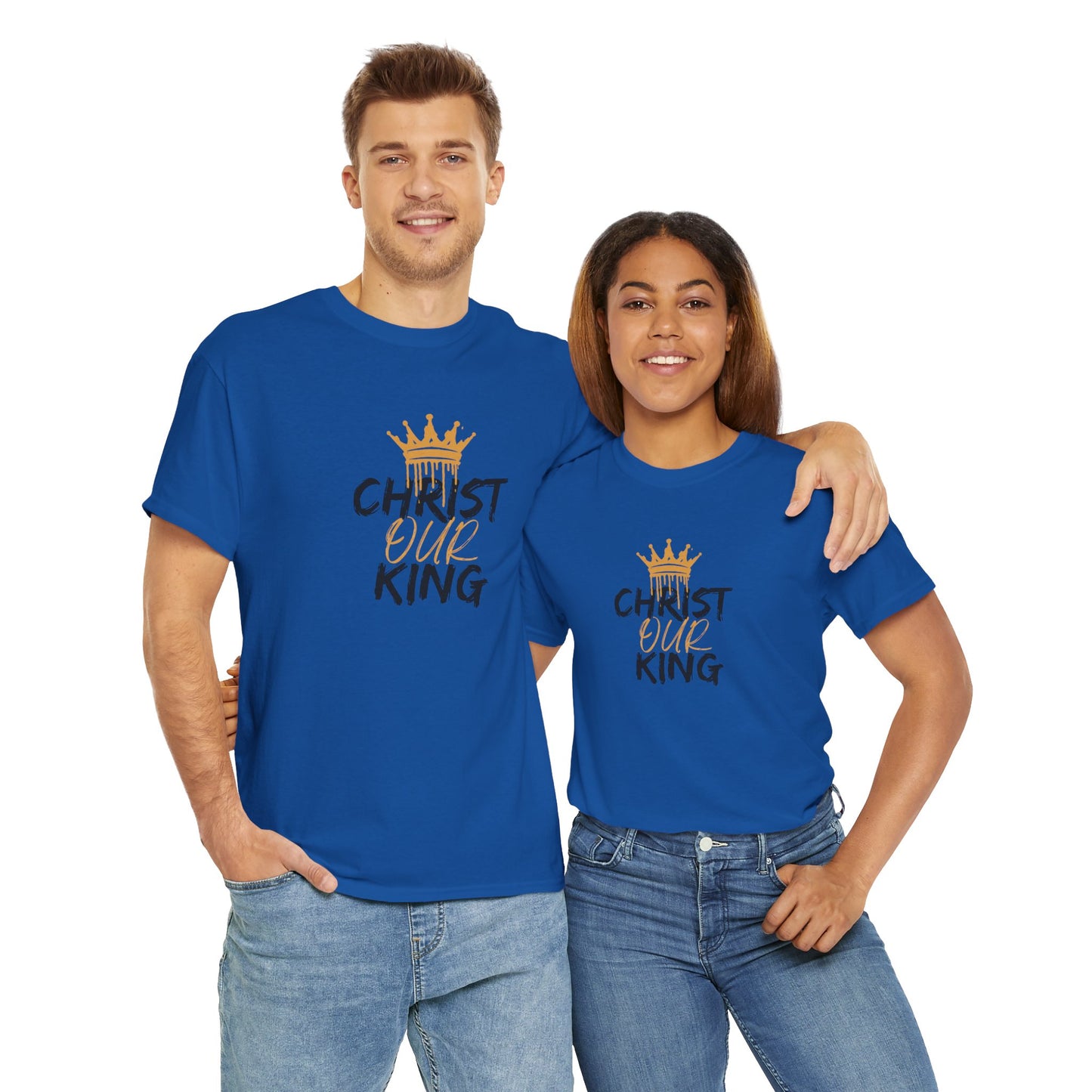 Blue Christian statement shirt worn by man and woman with Christ Our King gold crown design