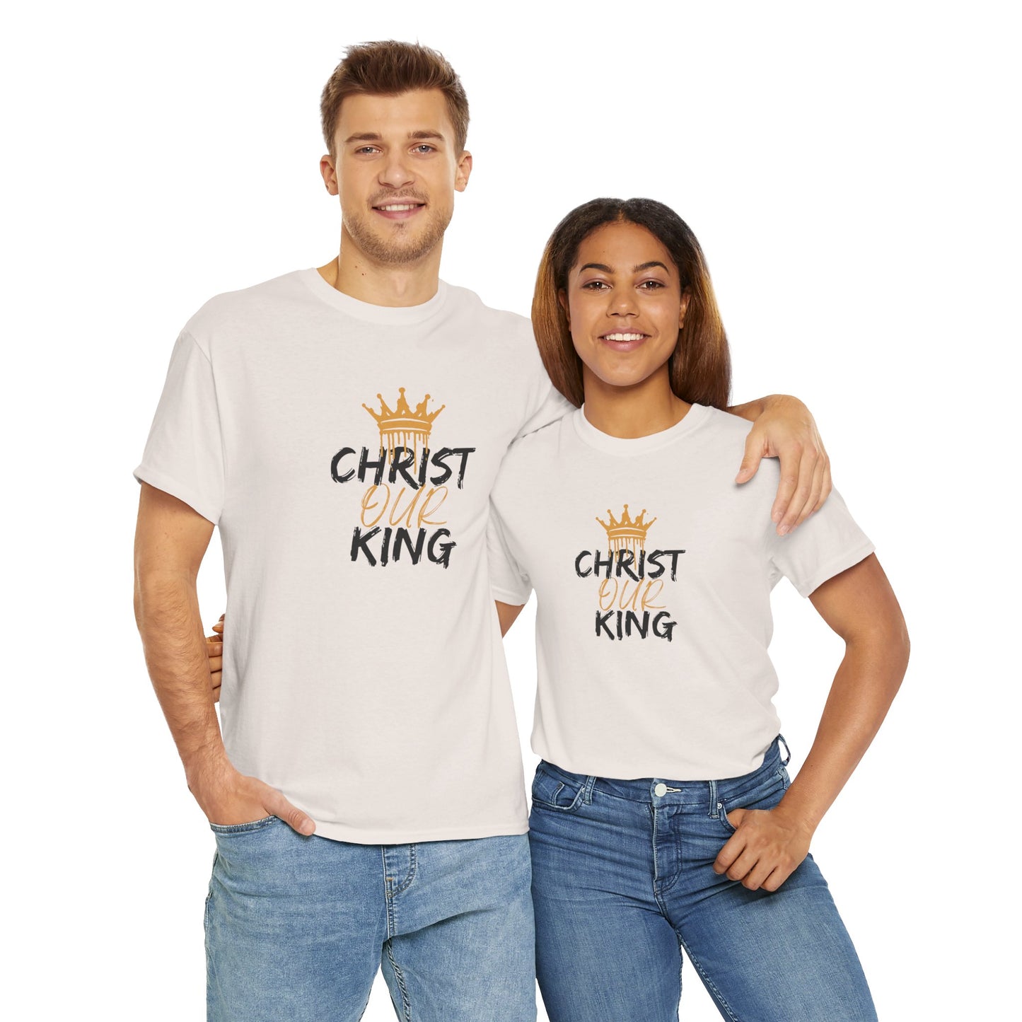 Logos Co. white Christian statement shirt with Christ Our King crown design worn by man and woman