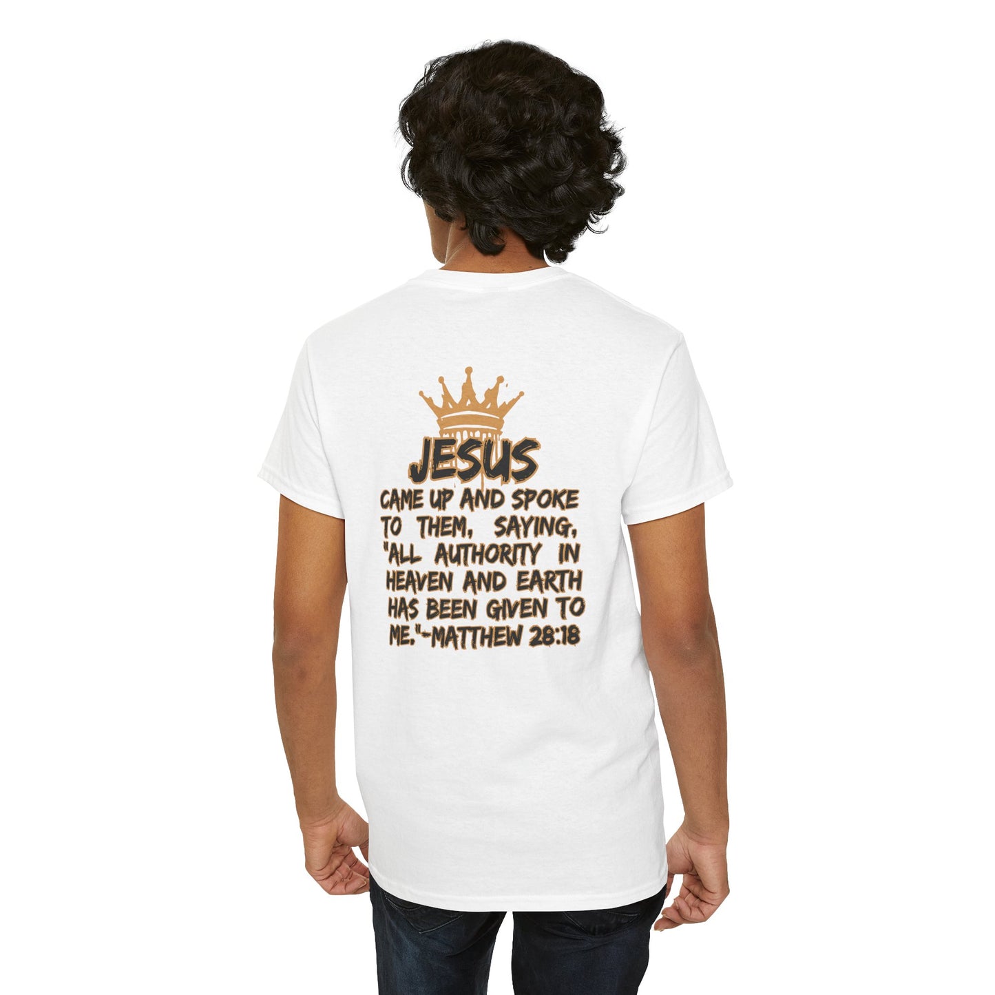 White Christian statement shirt with Bible verse Matthew 28:18 and crown graphic on back