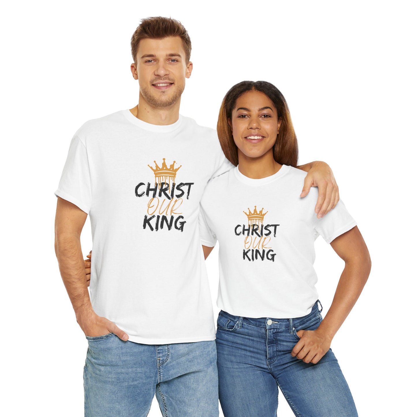 Logos Co. Christian statement shirt with Christ Our King text and crown design worn by man and woman