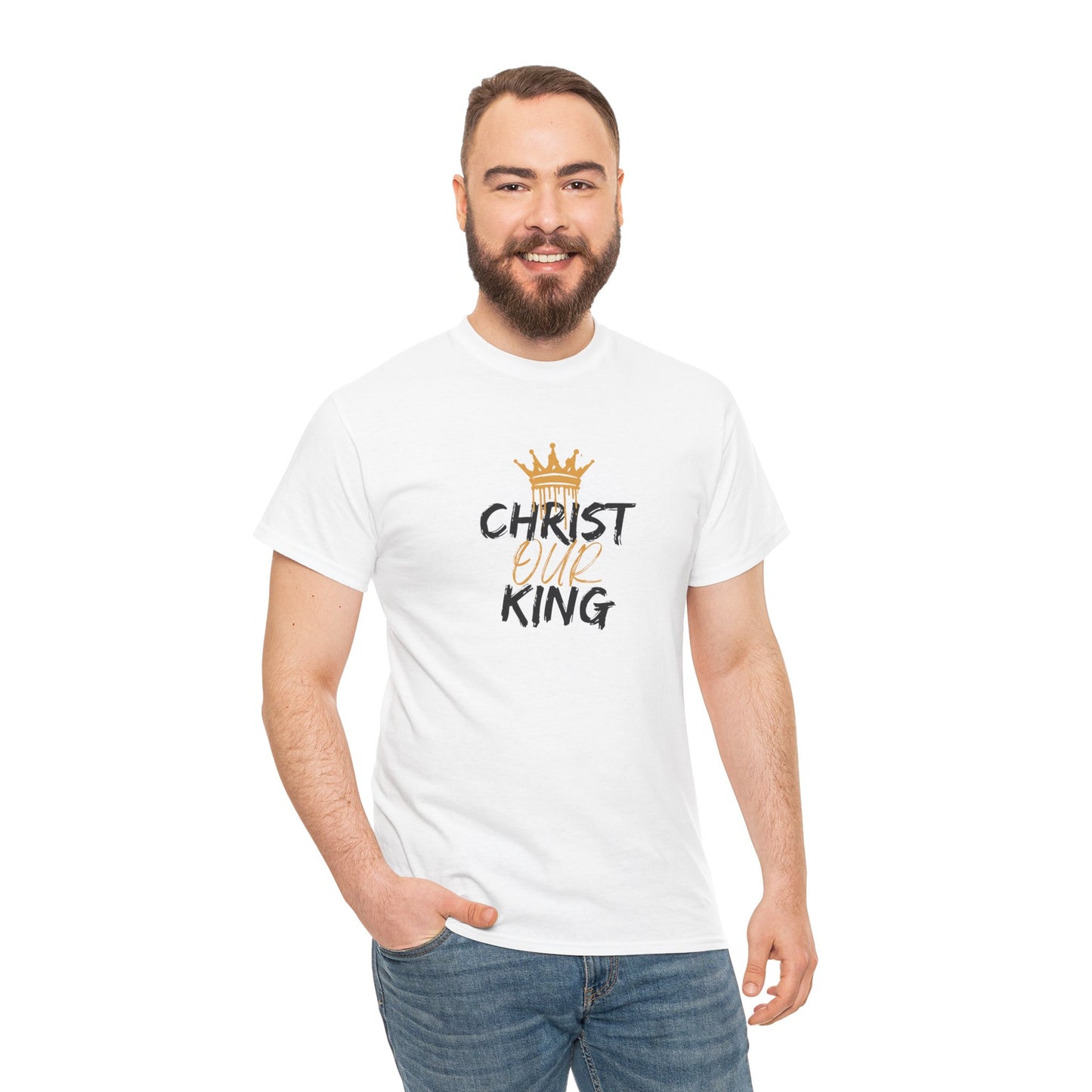 White Christian statement shirt with Christ Our King text and crown design worn by a man