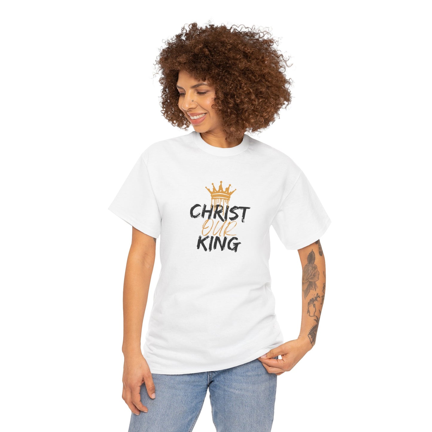 White Logos Co. Christian statement shirt with Christ Our King design worn by a woman
