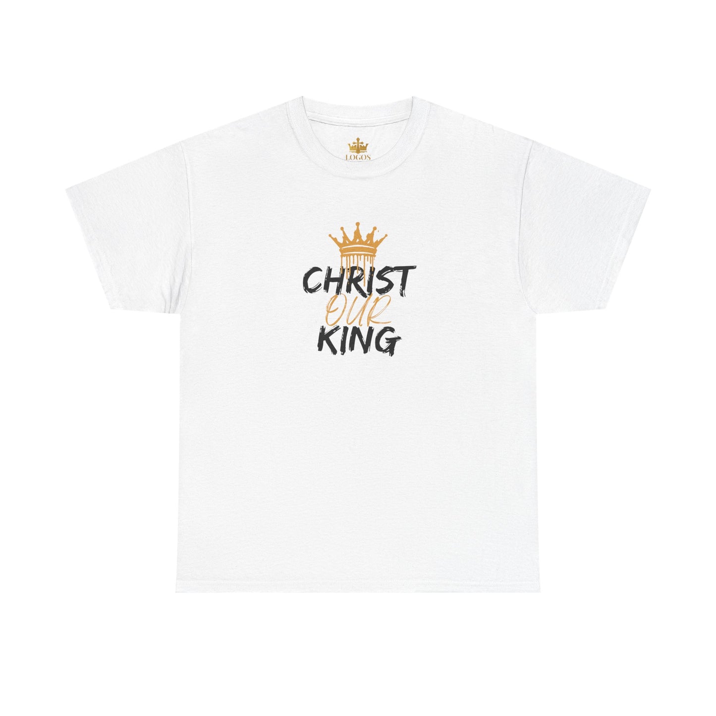 White Christian statement shirt with gold crown and text Christ Our King printed on front