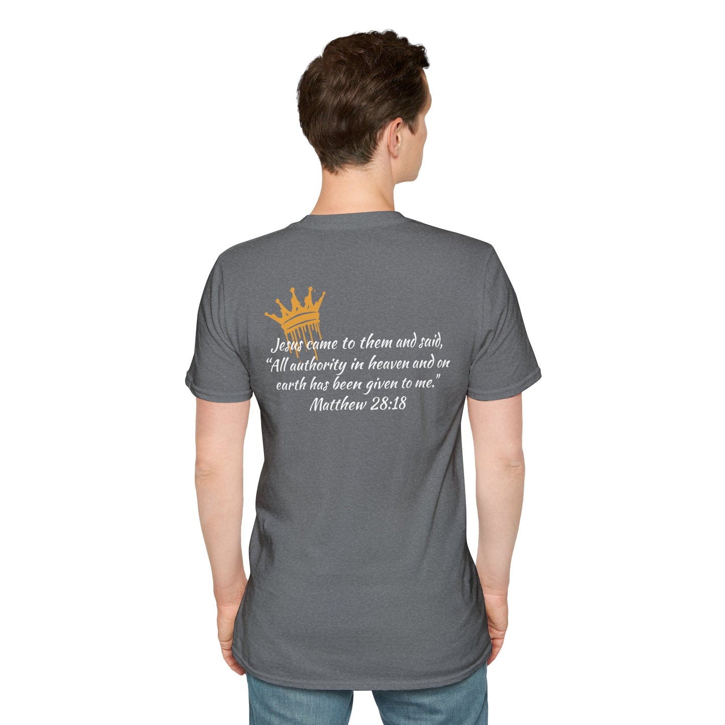 Christ our King t-shirt Matthew 28:18 featuring a crown design and scripture text on the back in graphite heather