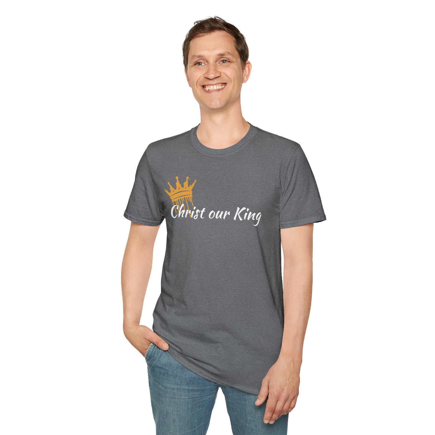 Graphite Heather Christian t-shirt Matthew 28:18 with 'Christ our King' design for faith-focused apparel