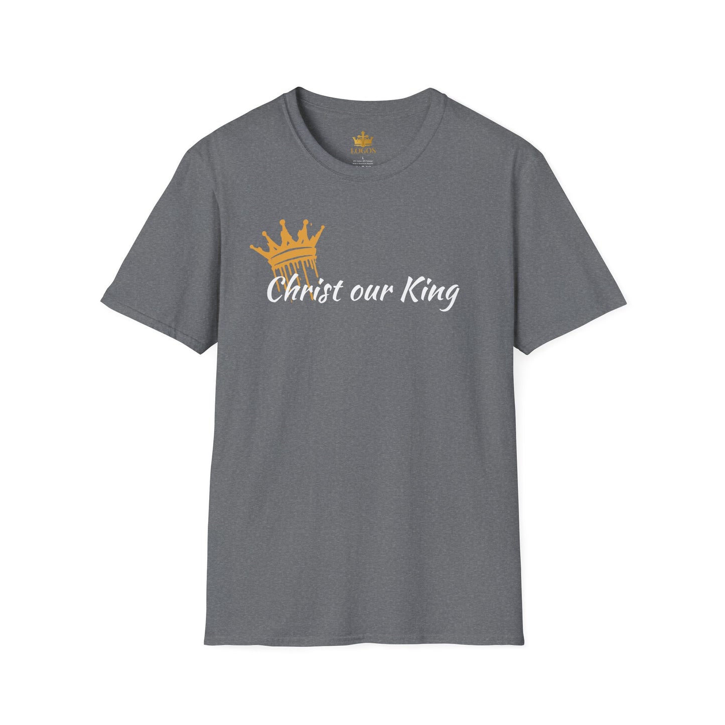 Graphite Heather Christian t-shirt Matthew 28:18 featuring 'Christ our King' with a crown design