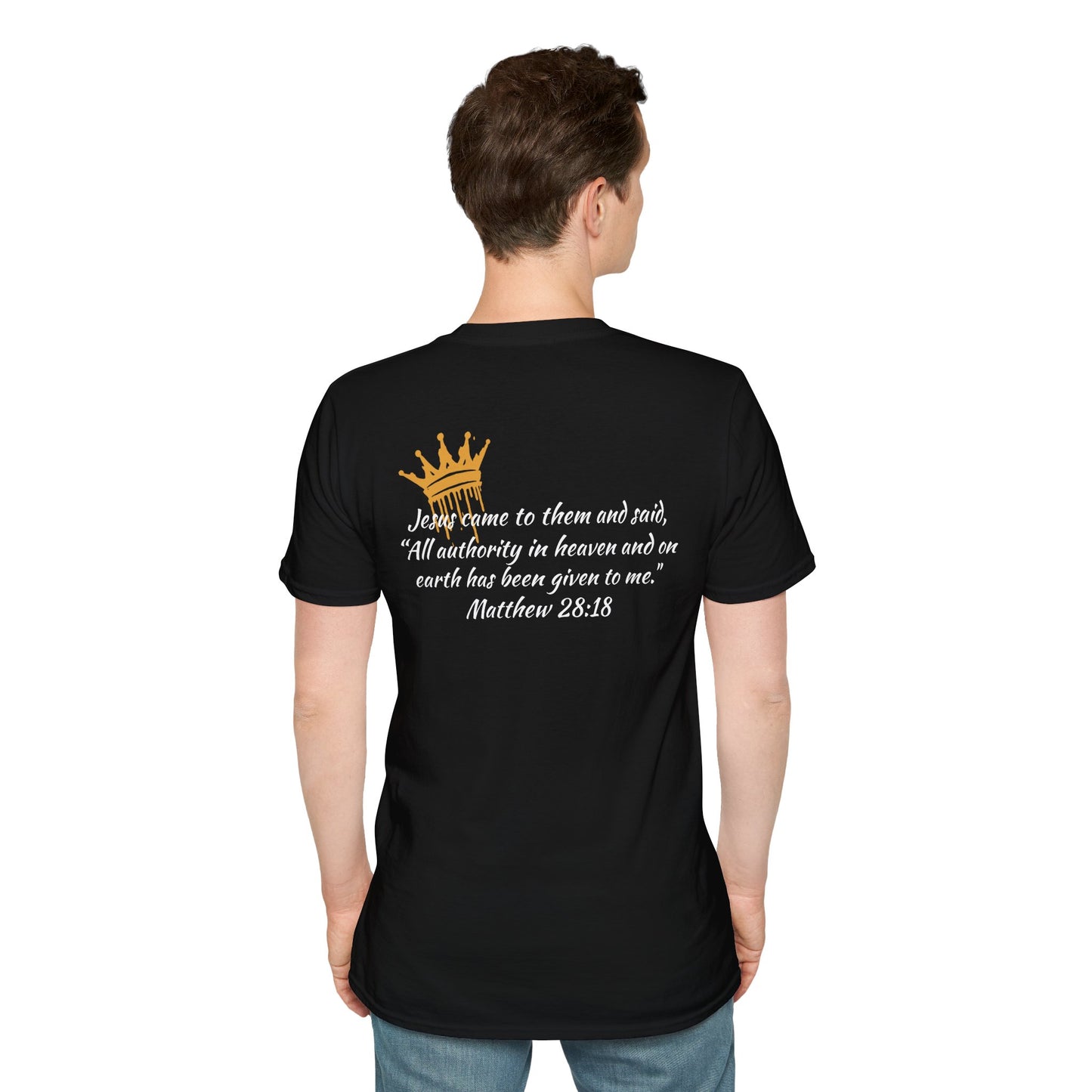 Black Christ our King t-shirt Matthew 28:18 featuring a crown design and inspirational text on the back