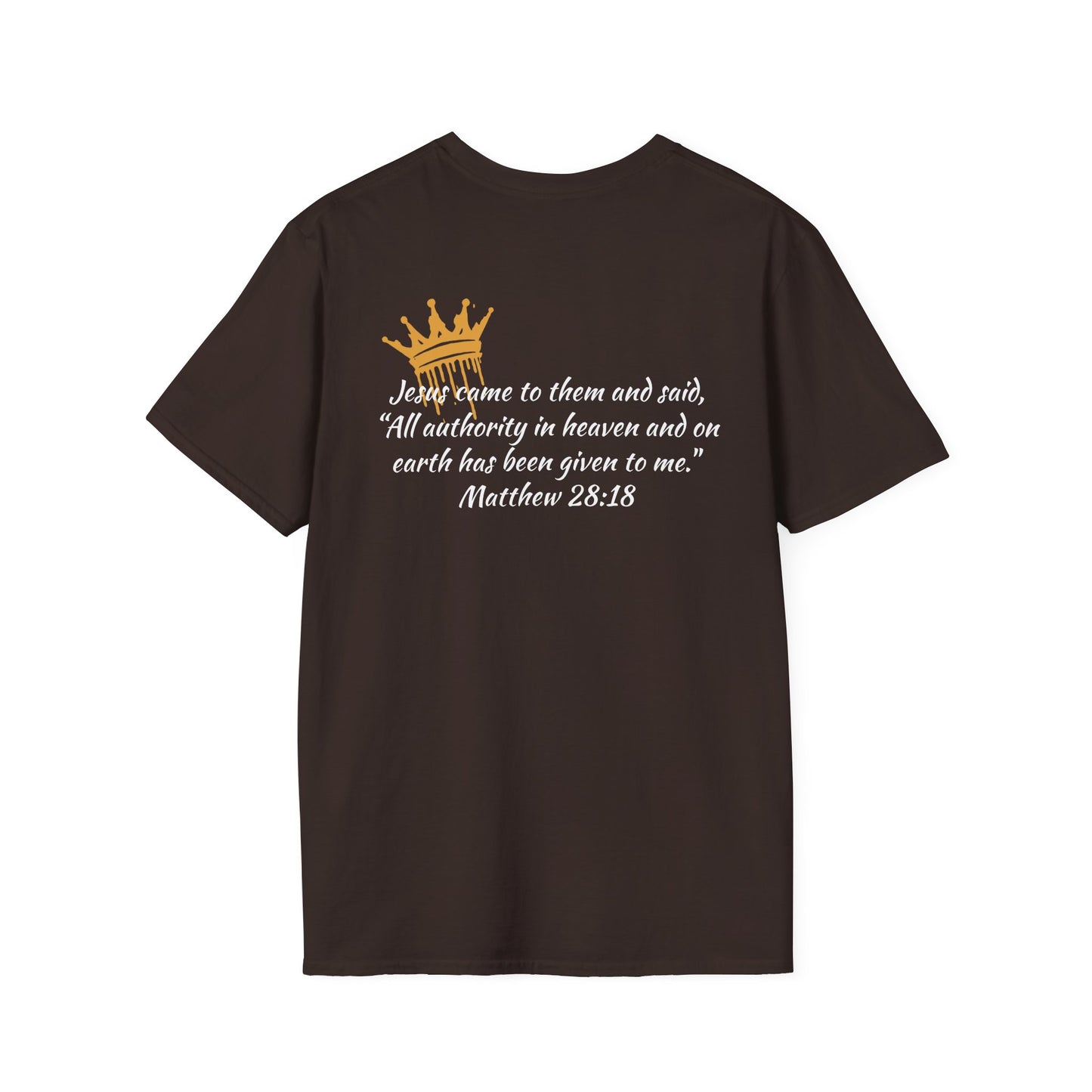 Christian Christ our King t-shirt Matthew 28:18 featuring crown design and inspirational text on the back