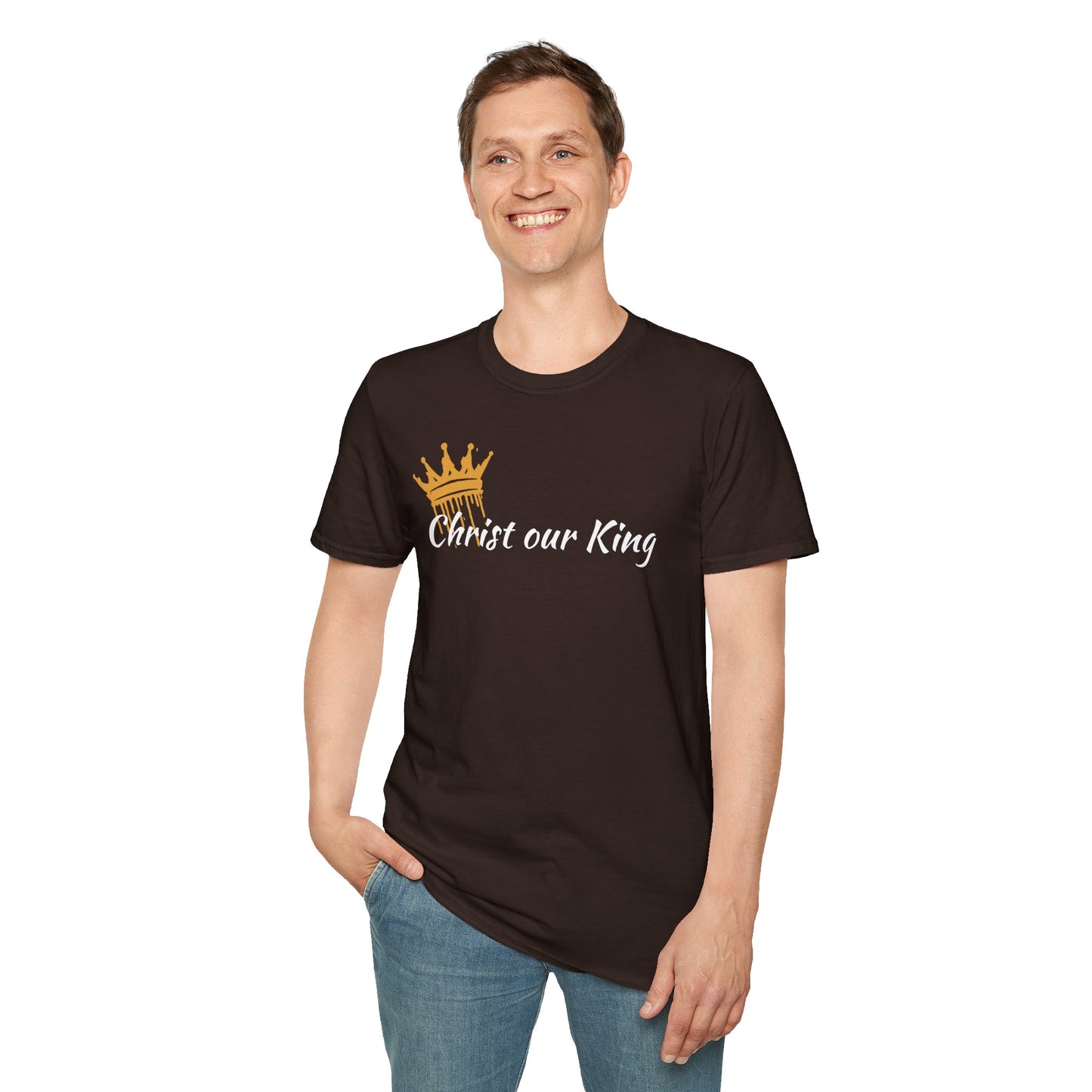 Black Christian t-shirt Matthew 28:18 with gold crown graphic and text Christ our King