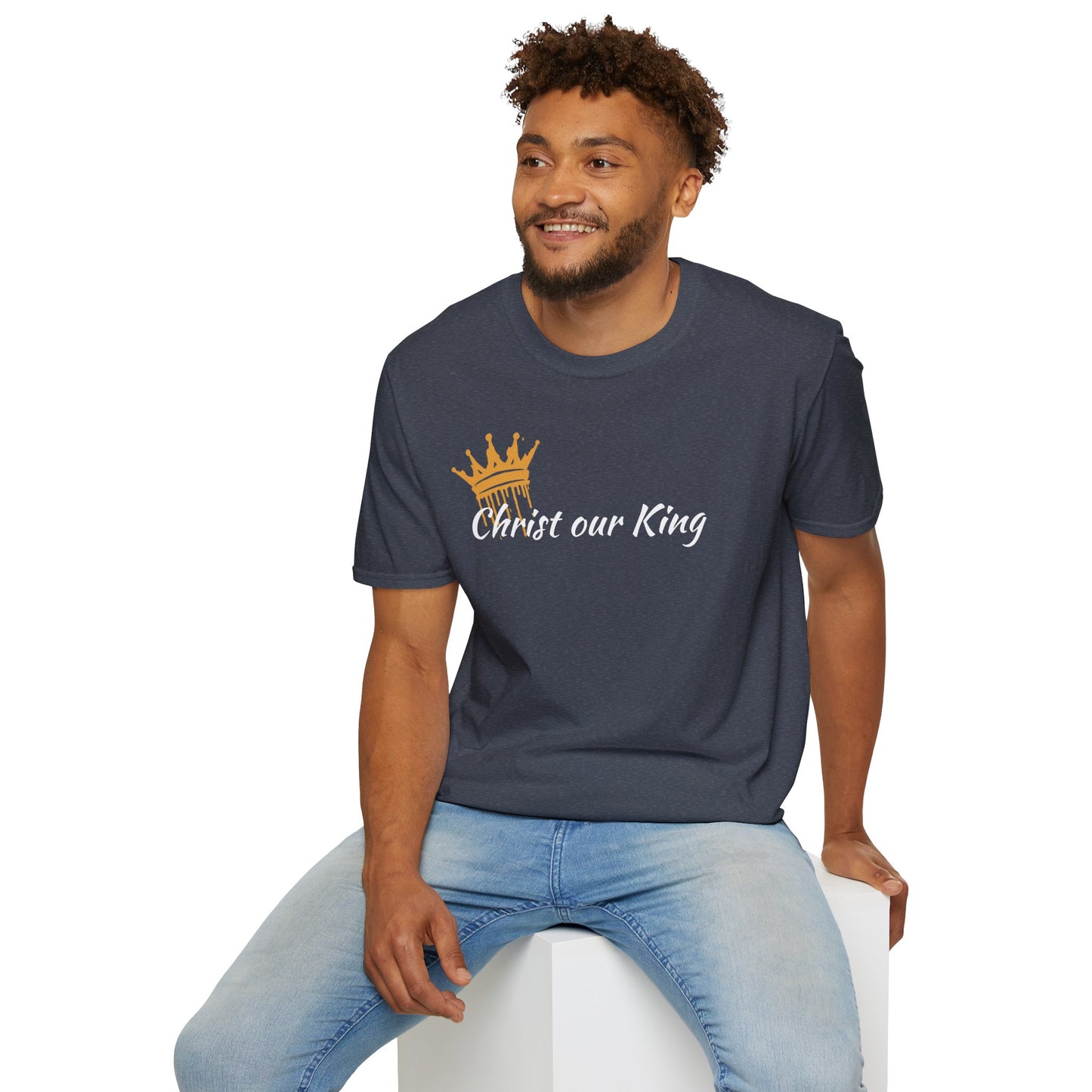 Heather Navy Christ our King shirt with a bold declaration on the front and Matthew 28:18 on the back