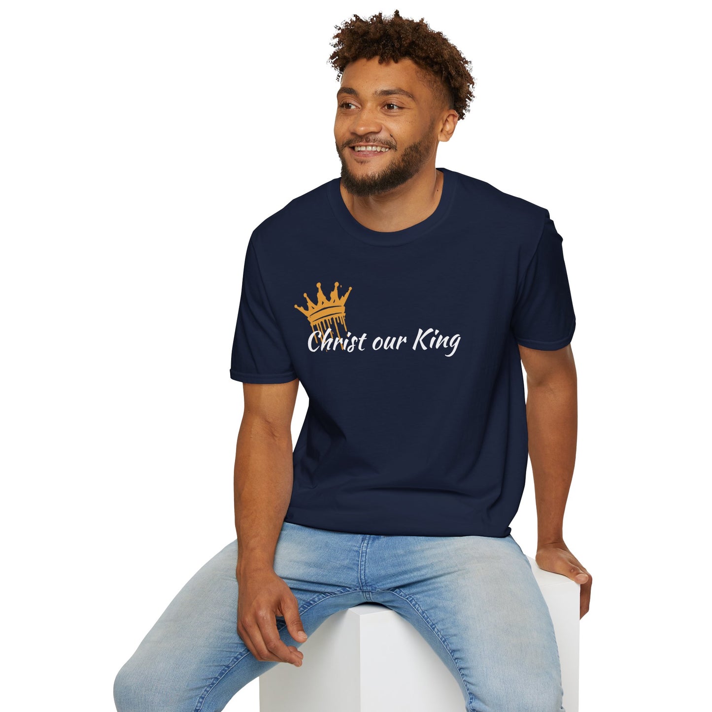 Navy Christ our King shirt featuring Matthew 28:18 on the back