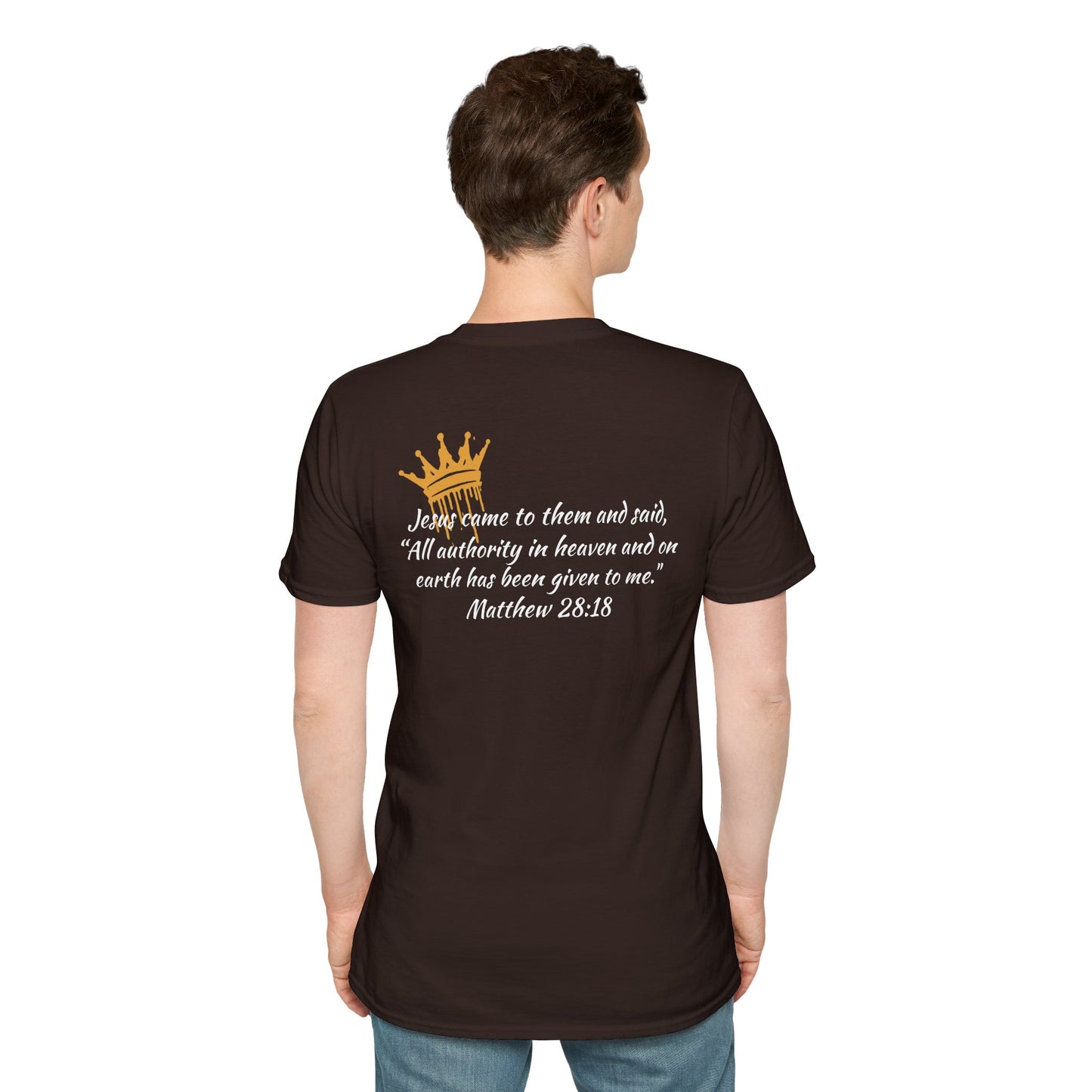 Christian Christ our King t-shirt Matthew 28:18 featuring a crown design and inspirational text on the back