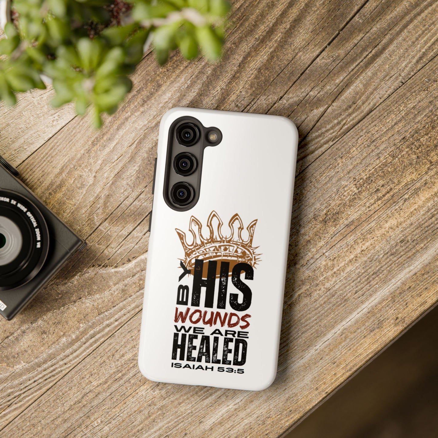 Christian tough phone case by Logos Co. with scripture design and protective white cover