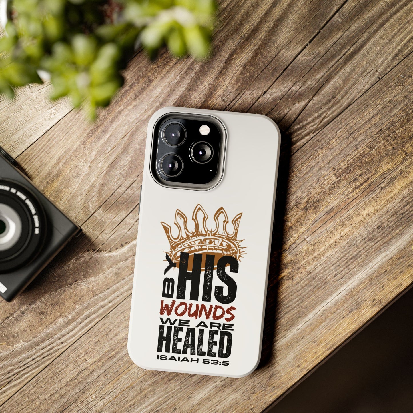 Logos Co. Christian tough phone case with Isaiah 53:5 bible verse and crown design on white