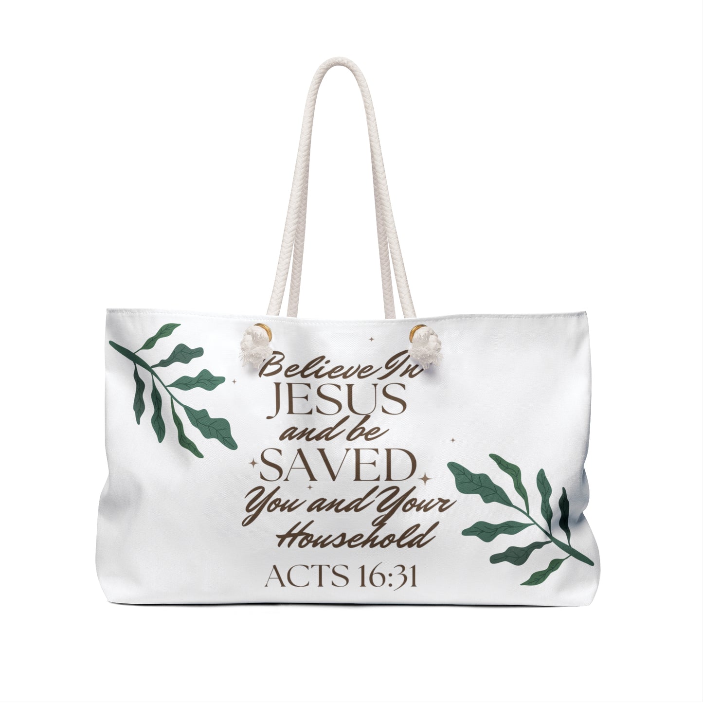 Christian weekender bag with inspirational message and foliage design for believers on the go