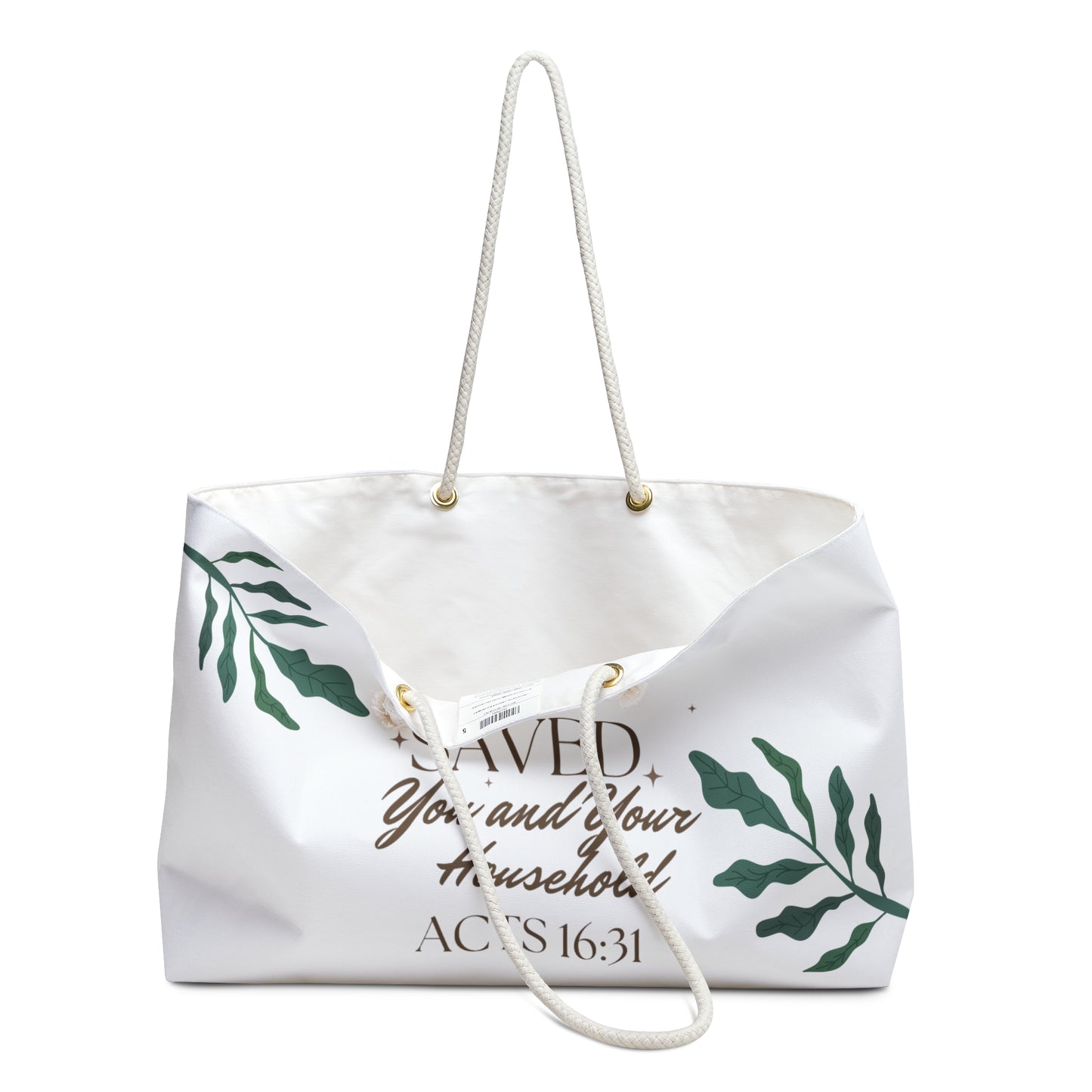 Stylish Christian weekender bag with inspirational quote and tropical leaves design