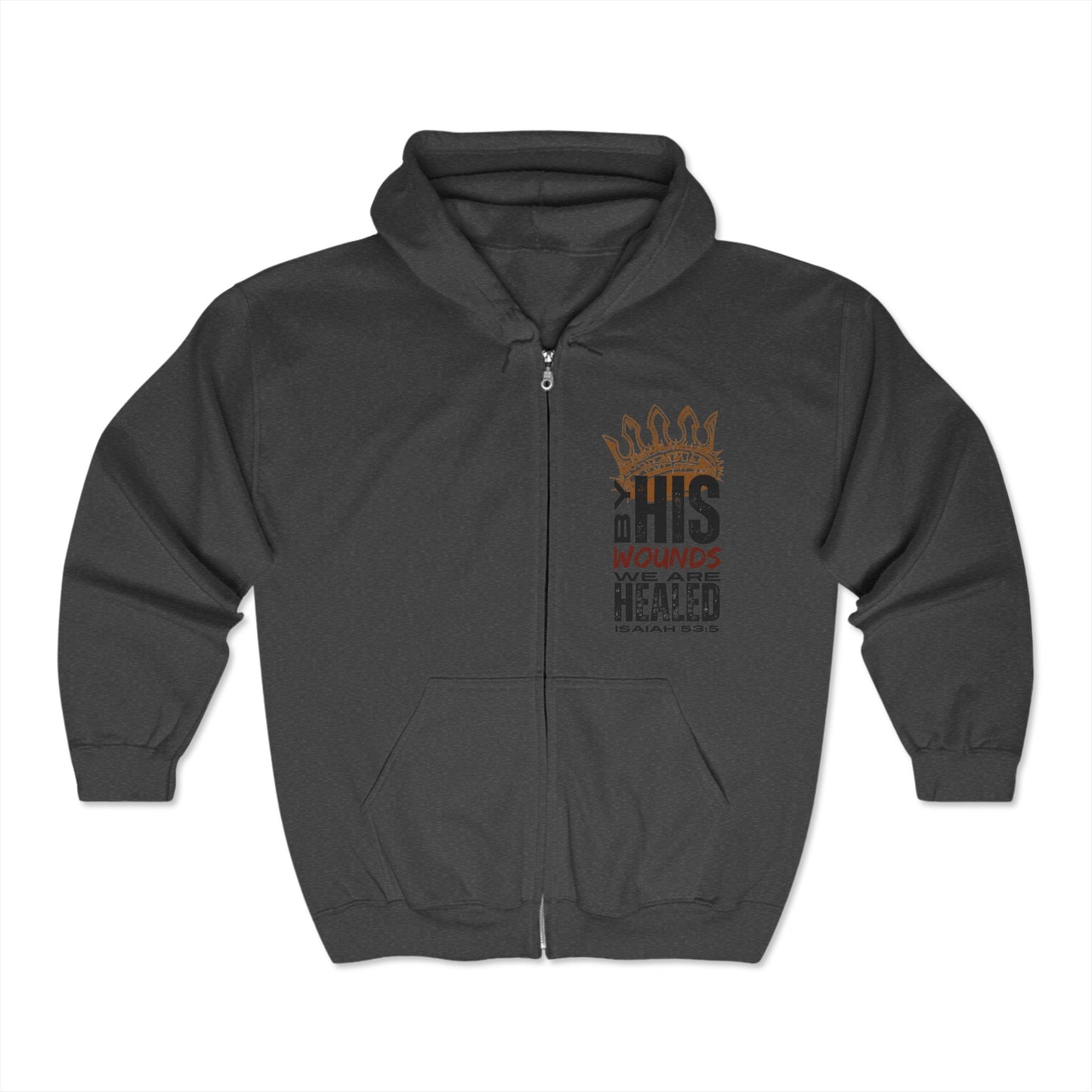 Christian zip hoodie in dark gray with bold text design and front zipper closure