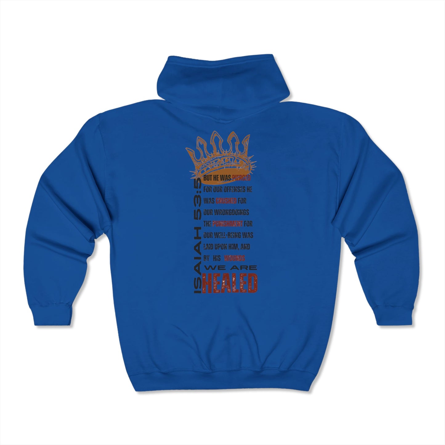 Blue Christian zip hoodie featuring inspirational Isaiah 53:5 design on the back