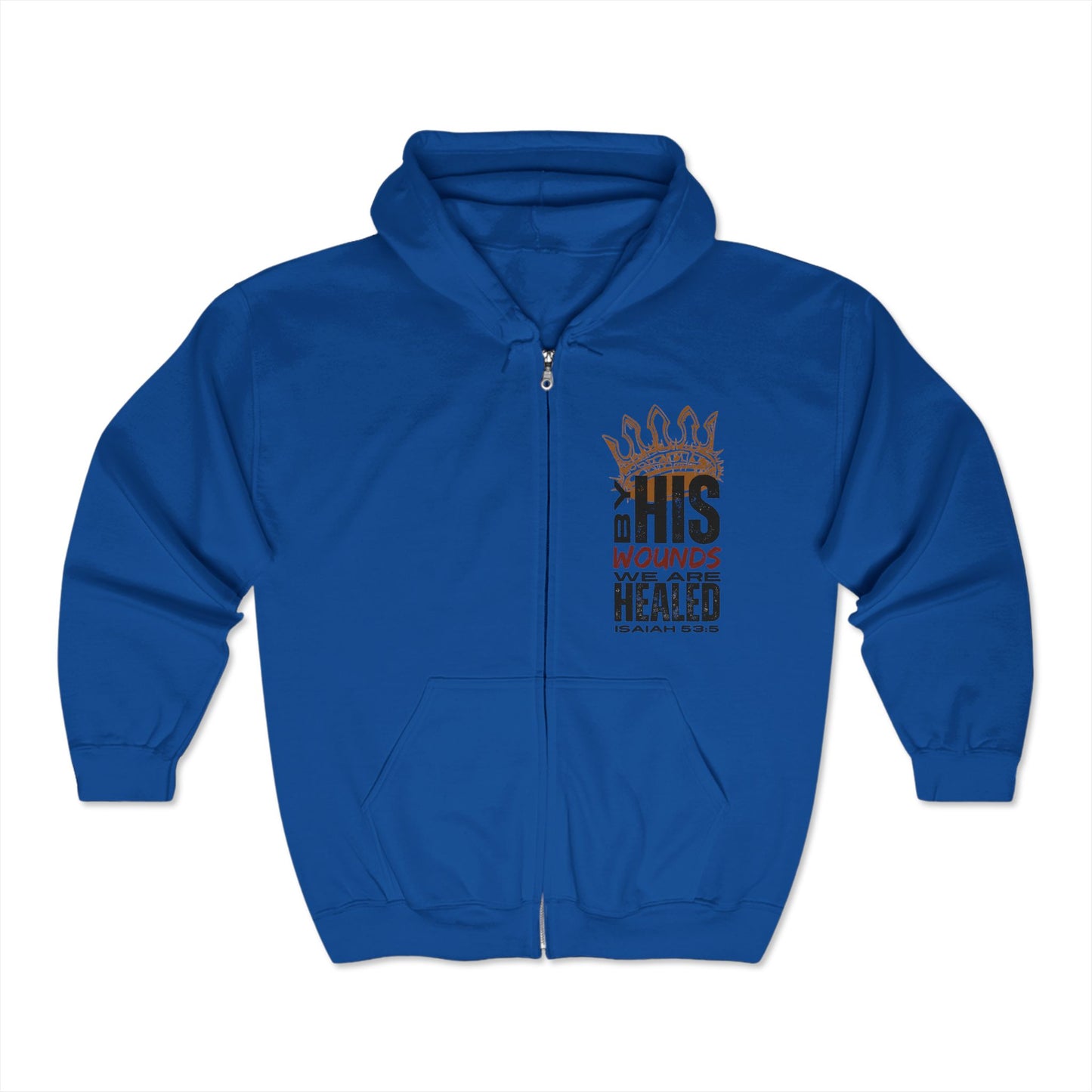 Blue Christian zip hoodie with motivational graphic design promoting healing and faith