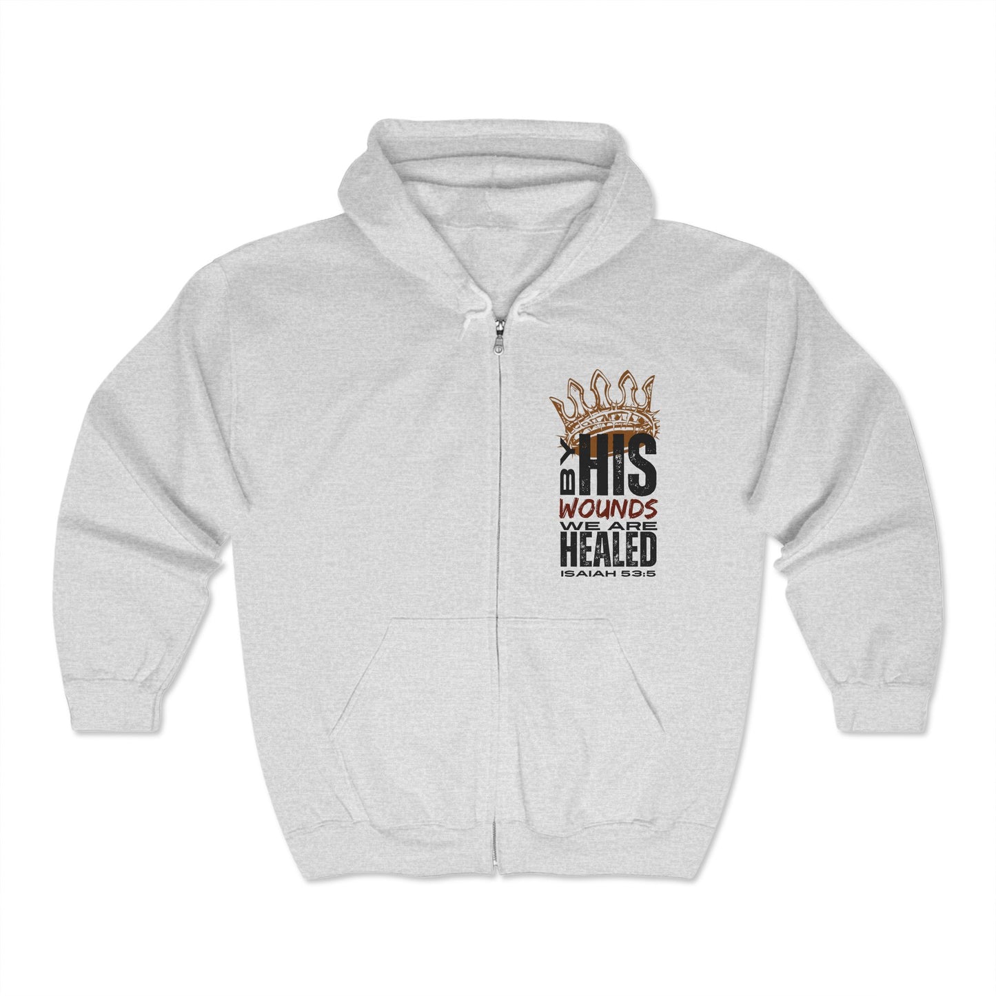 Christian zip hoodie in gray featuring a powerful scripture design from Isaiah 53 5