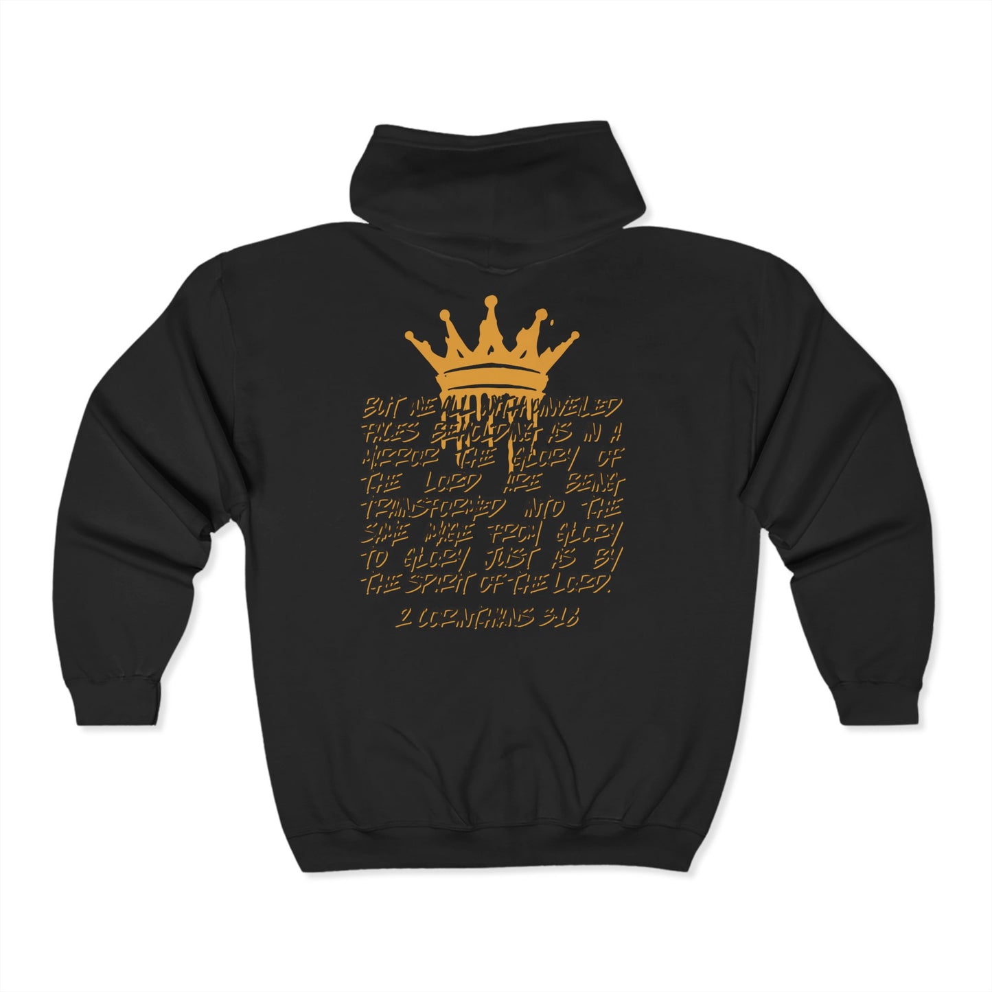 Black Christian zip up hoodie with gold crown and Bible verse design on the back