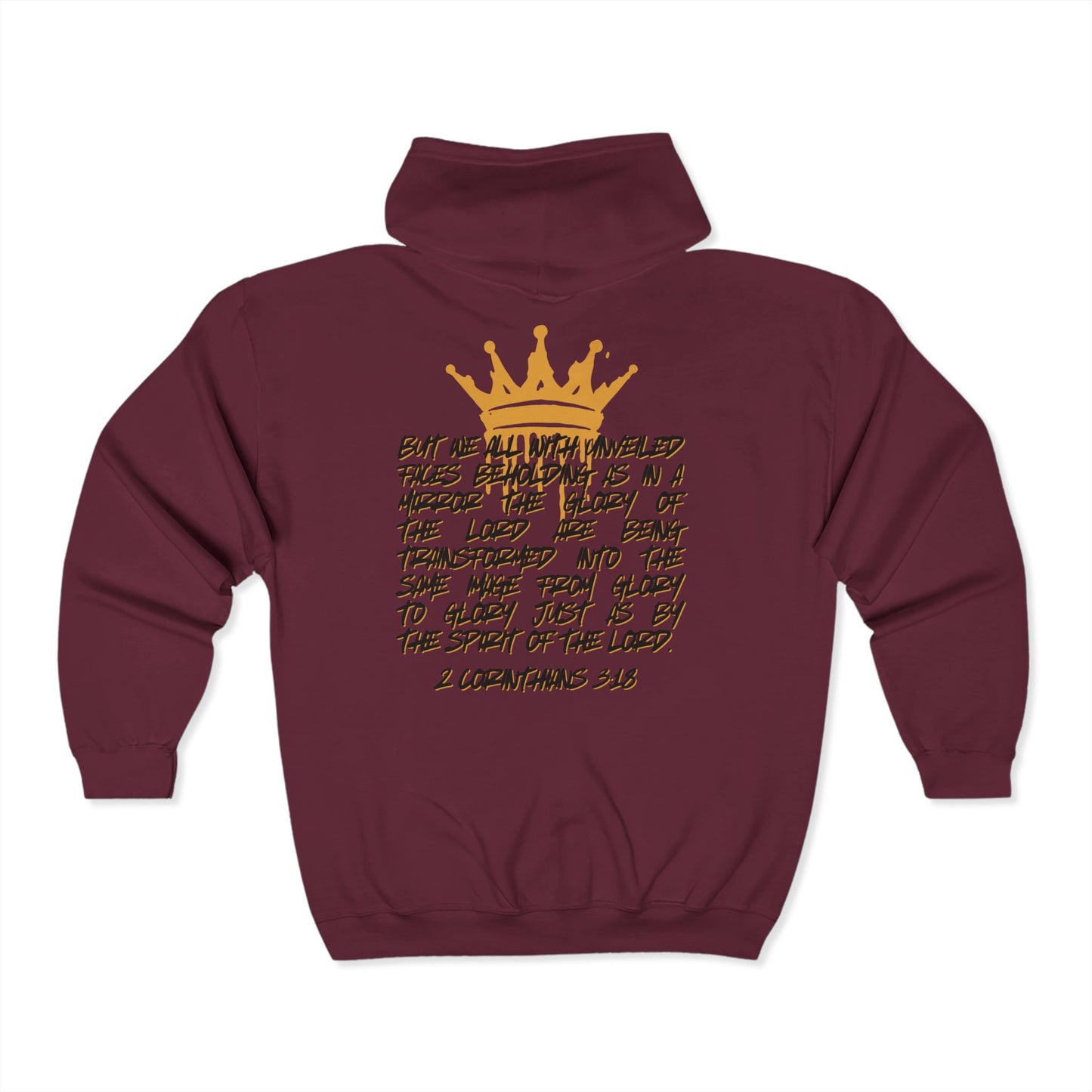 Maroon Christian zip up hoodie from Logos featuring a gold crown and 2 Corinthians 3:18 scripture on the back