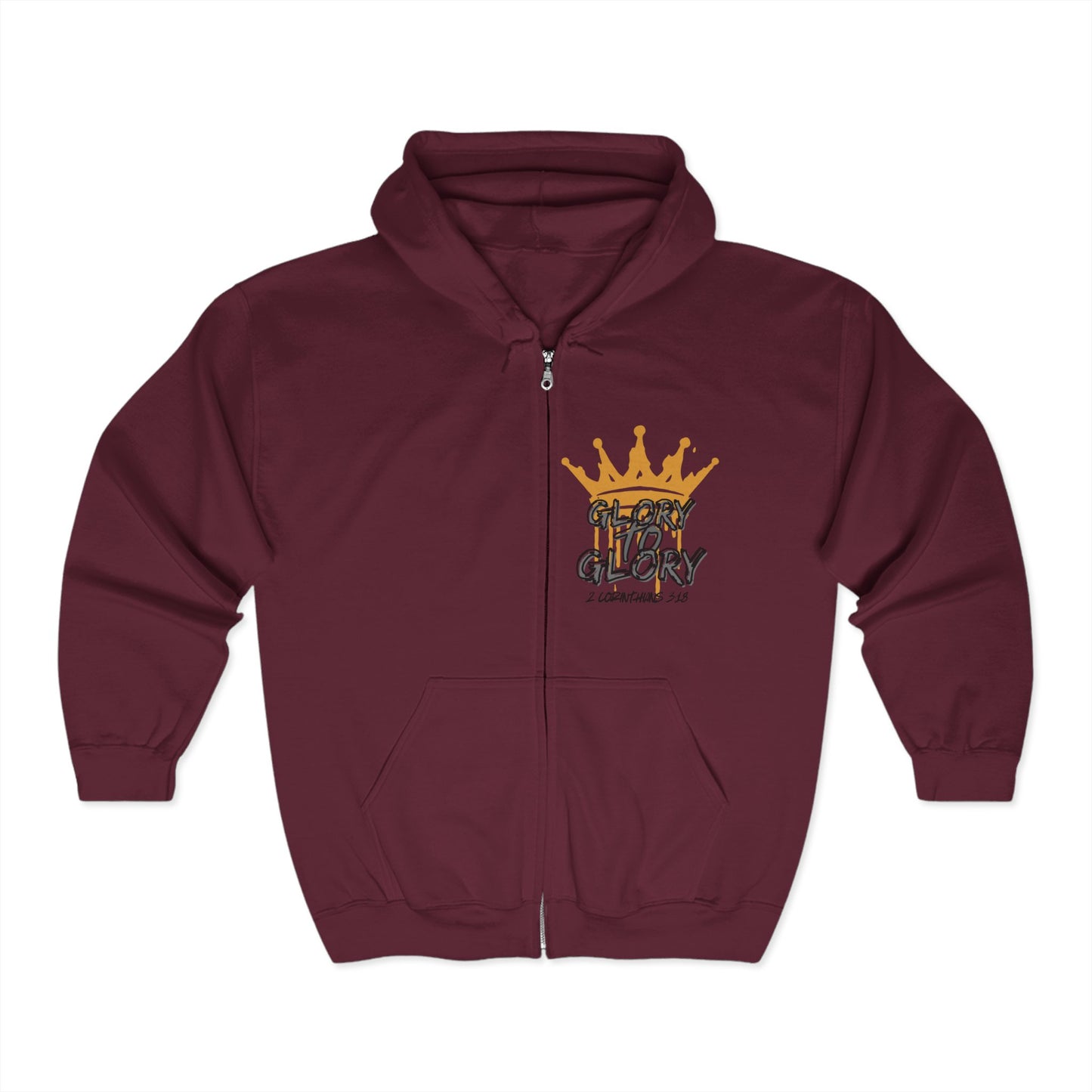 Logos maroon Christian zip up hoodie with gold crown and Glory to Glory design on front