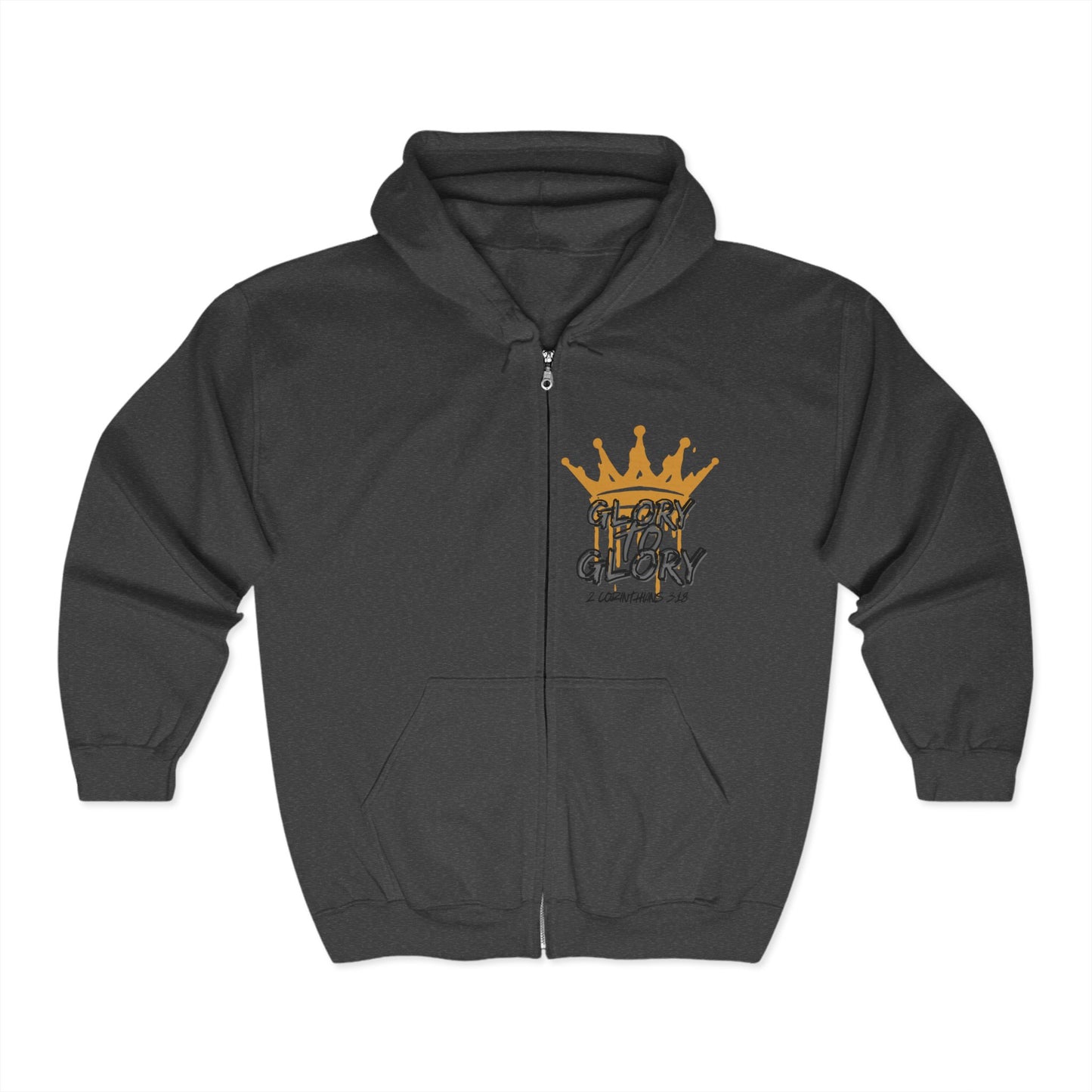 Logos charcoal Christian zip up hoodie with gold crown and Glory to Glory text design
