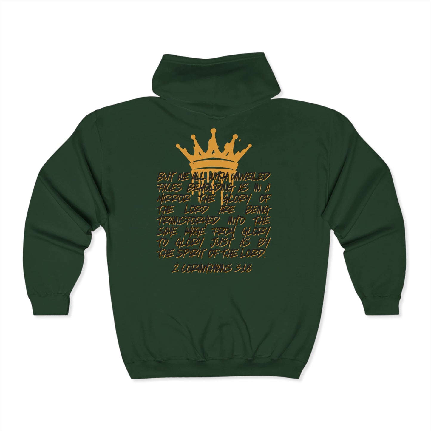 Dark green Christian zip up hoodie with gold crown and Bible verse design on the back by Printify