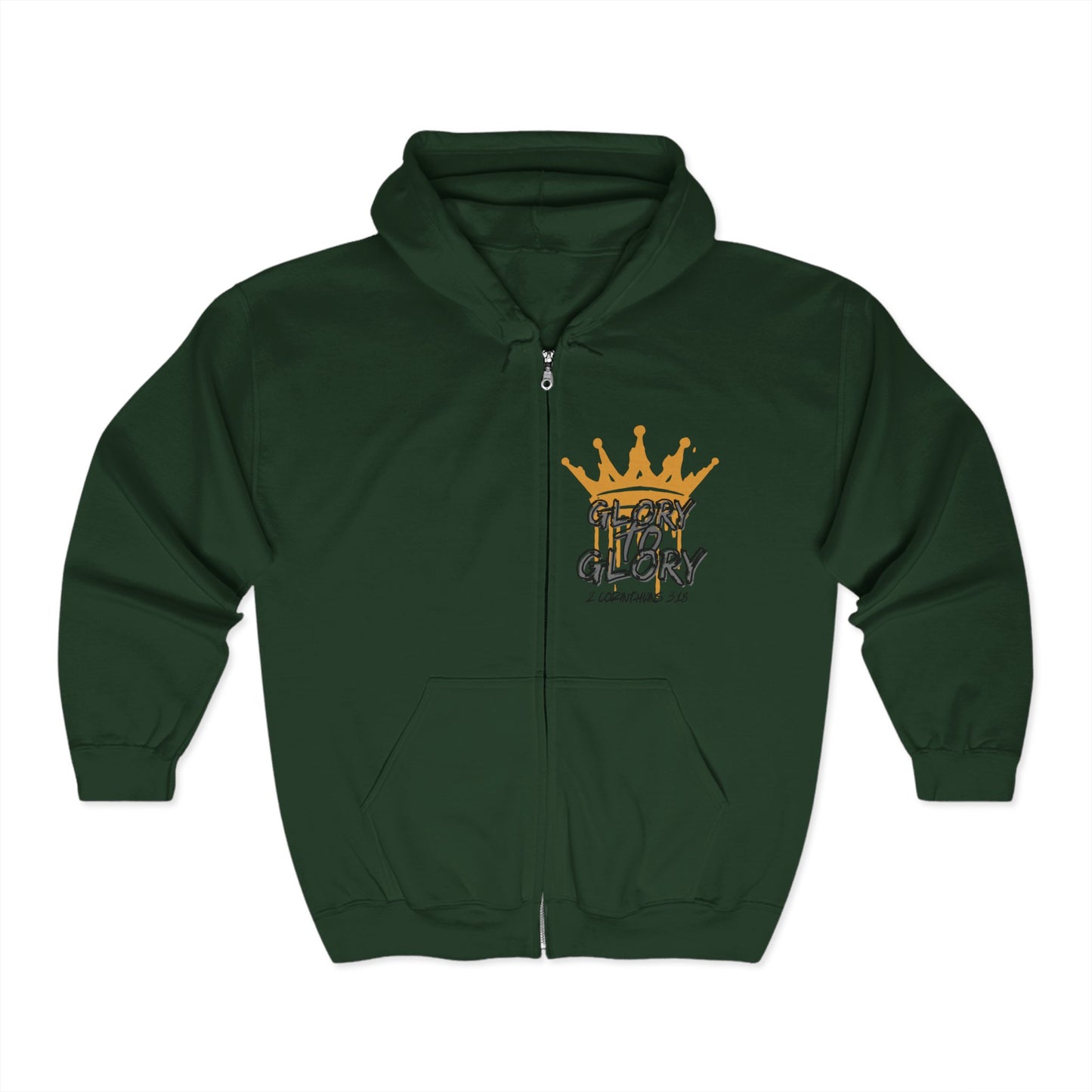 Logos Christian zip up hoodie in forest green with gold crown and Glory to Glory graphic on chest