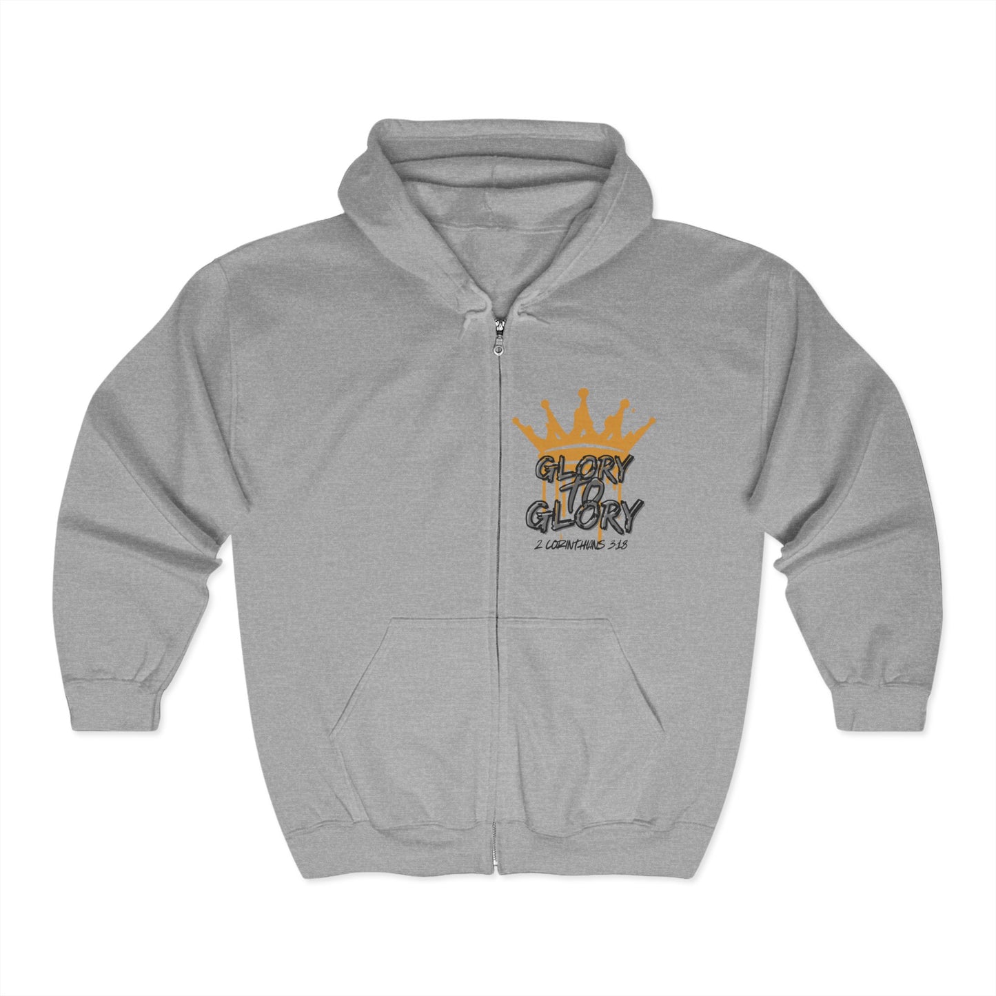 Logos gray Christian zip up hoodie with front zipper and Glory to Glory design with crown