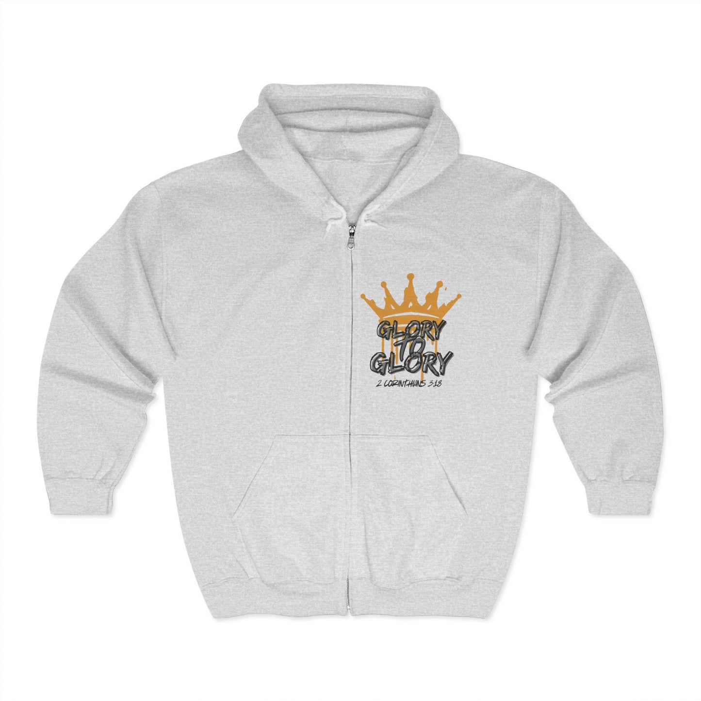 Light gray Christian zip up hoodie with gold crown and Glory to Glory text on front