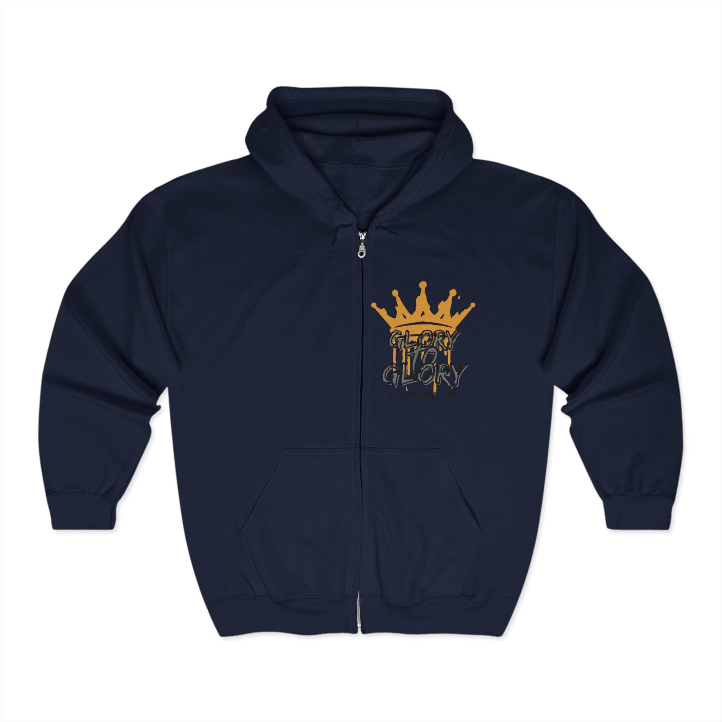 Navy blue Christian zip up hoodie with gold crown and Glory to Glory text design on chest by Logos