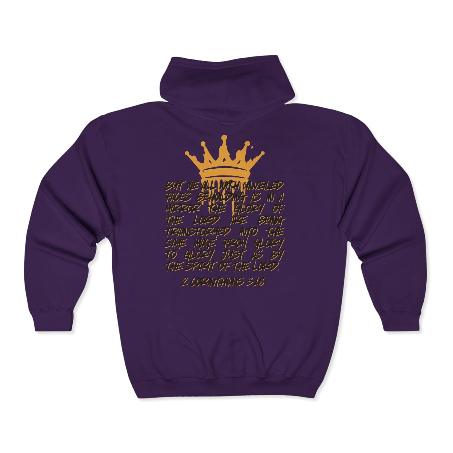 Purple Christian zip up hoodie with gold crown and Bible verse 2 Corinthians 3:18 on back