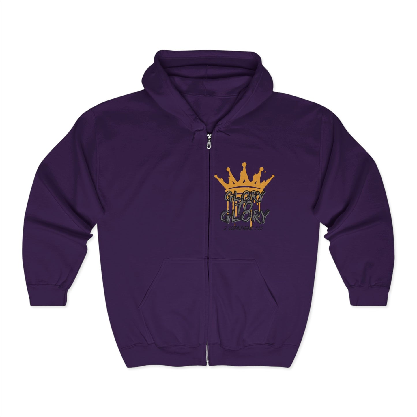 Purple Christian zip up hoodie with gold crown and Glory to Glory text design by Logos