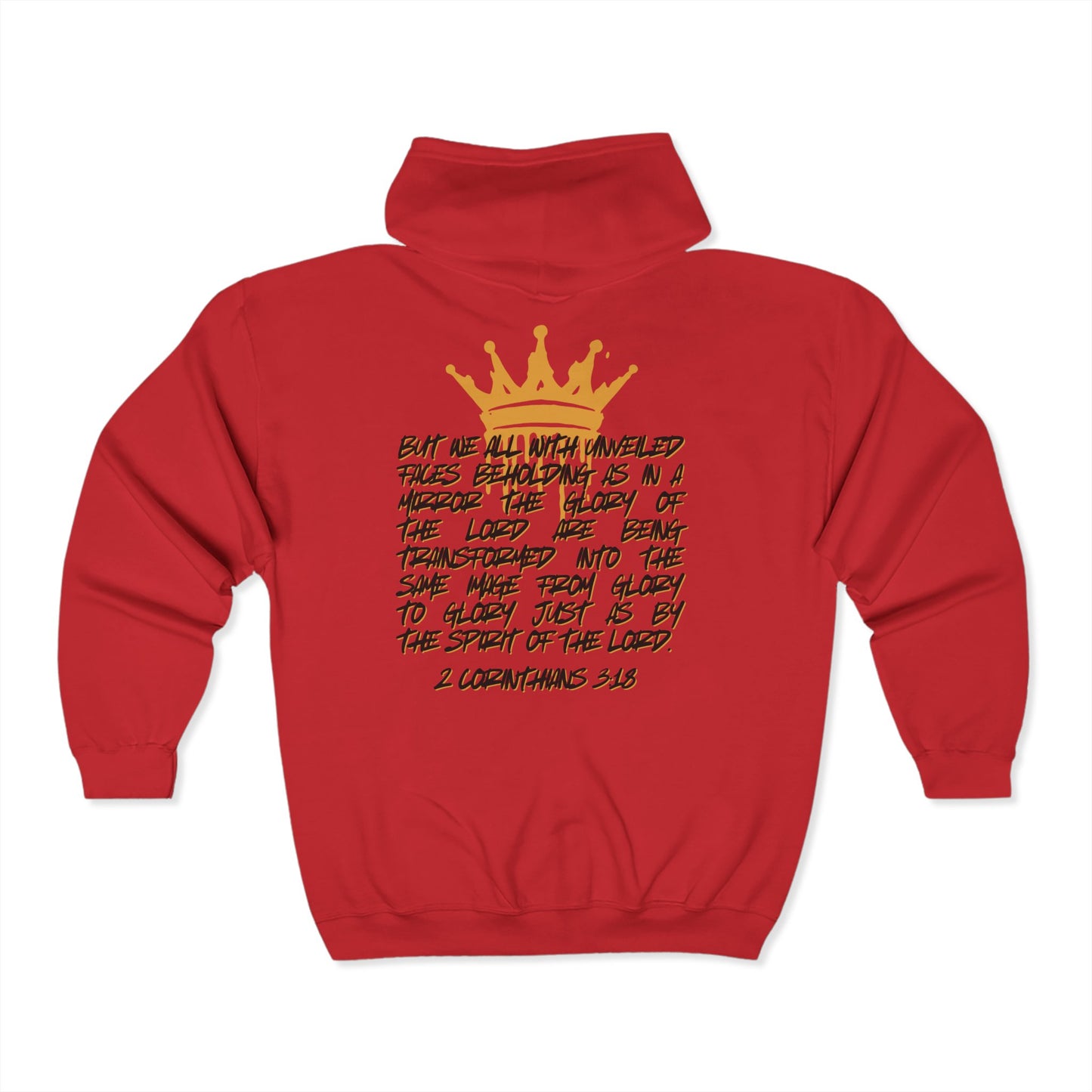 Red Christian zip up hoodie with gold crown and Bible verse 2 Corinthians 3:18 on back