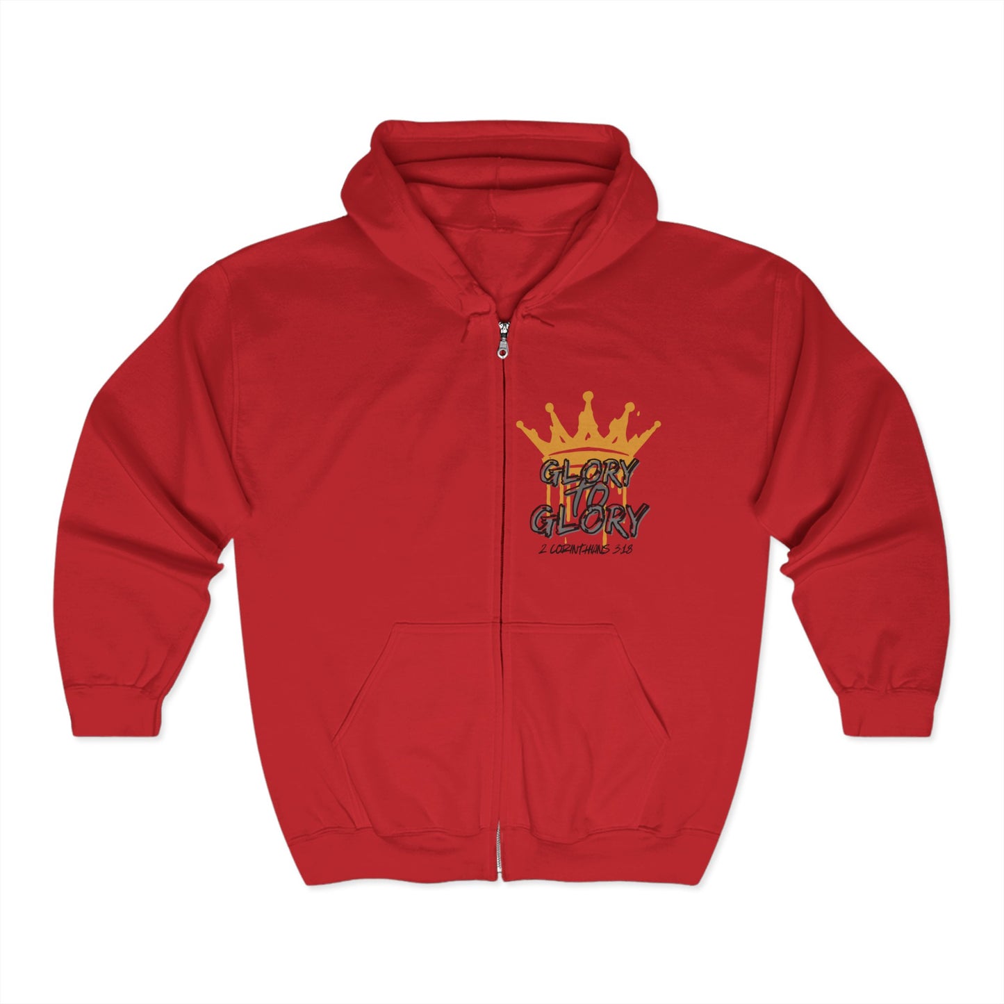 Red Christian zip up hoodie with front pockets and Glory to Glory graphic design with crown by Logos