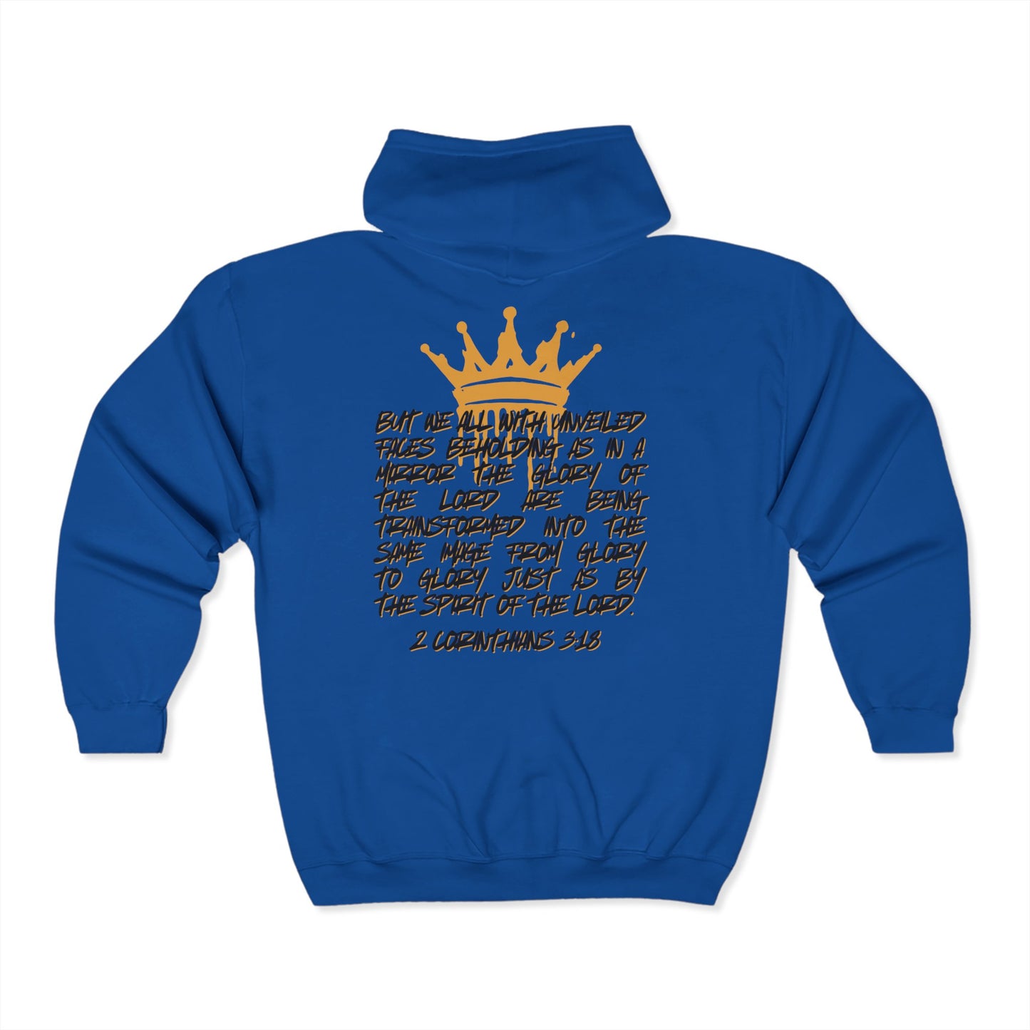 Blue Christian zip up hoodie with gold crown and biblical scripture design on the back