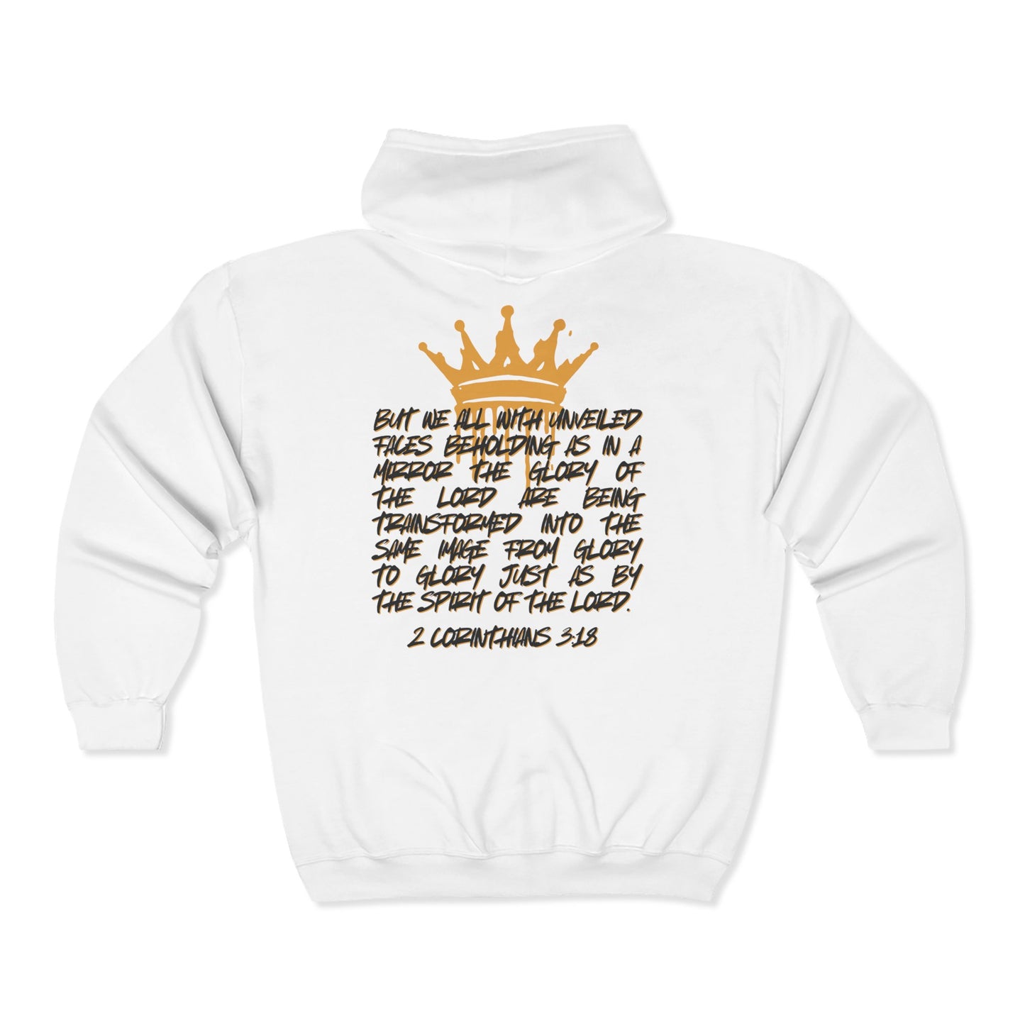 White Christian zip up hoodie from Logos with gold crown and 2 Corinthians 3:18 scripture text on back