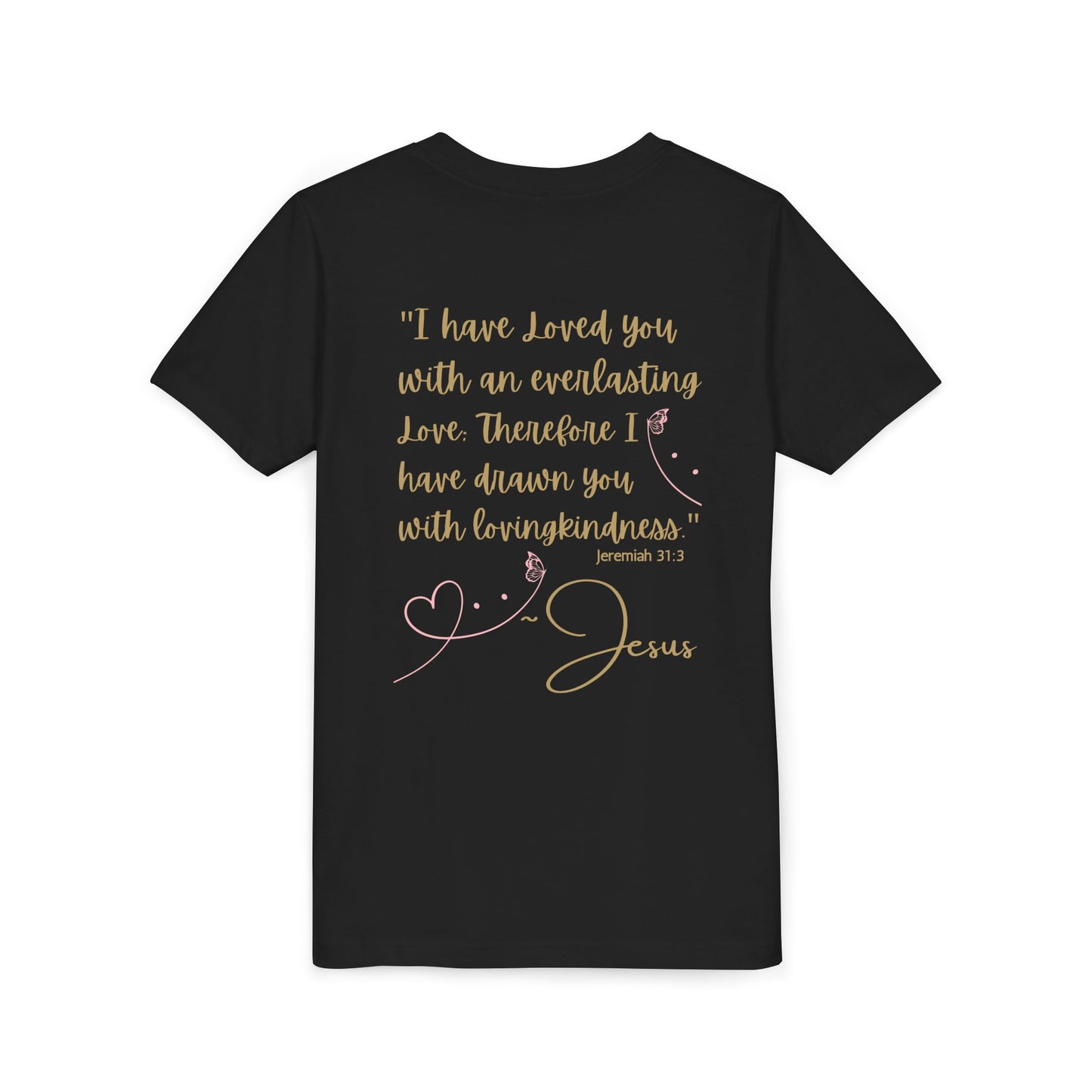 Jesus Loves Me youth shirt black back view with gold and pink script Jeremiah 31 verse 3 heart design by Logos Co.