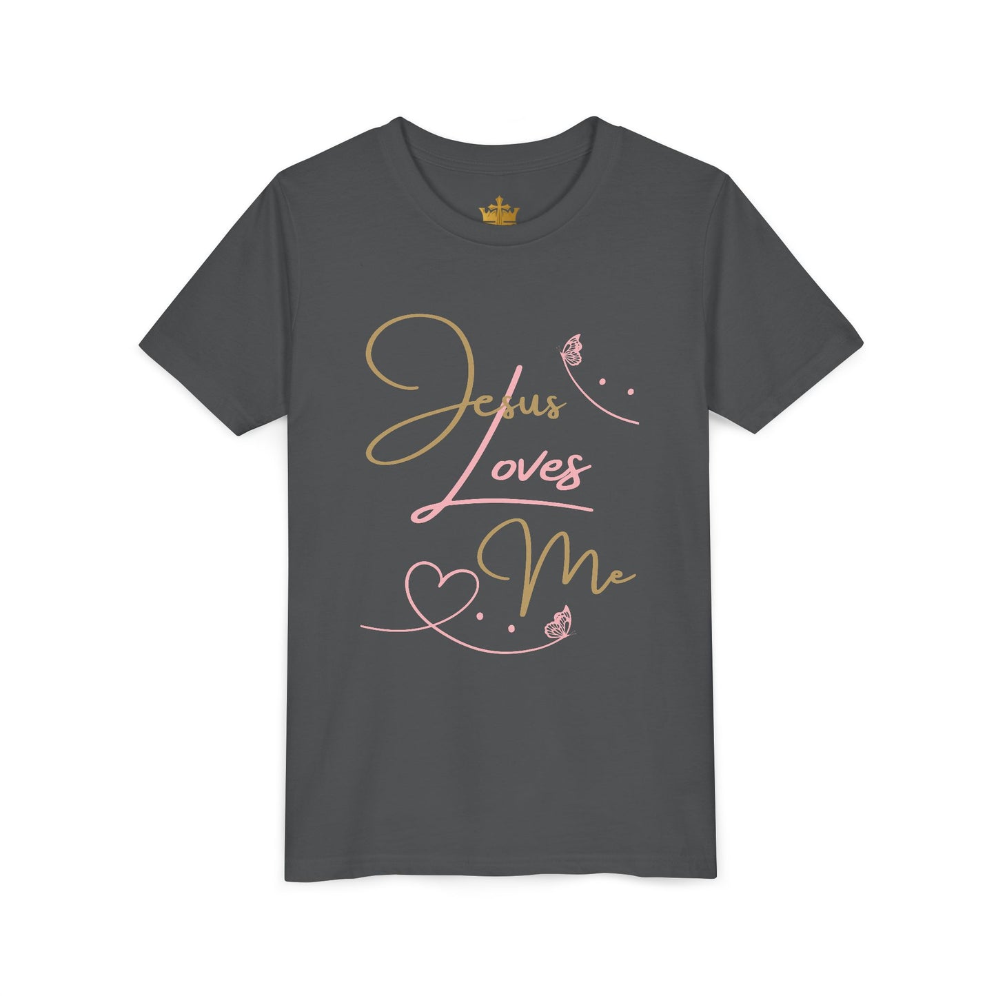 Logos Co. gray kids t shirt with gold and pink script Jesus Loves Me youth shirt heart and butterfly design