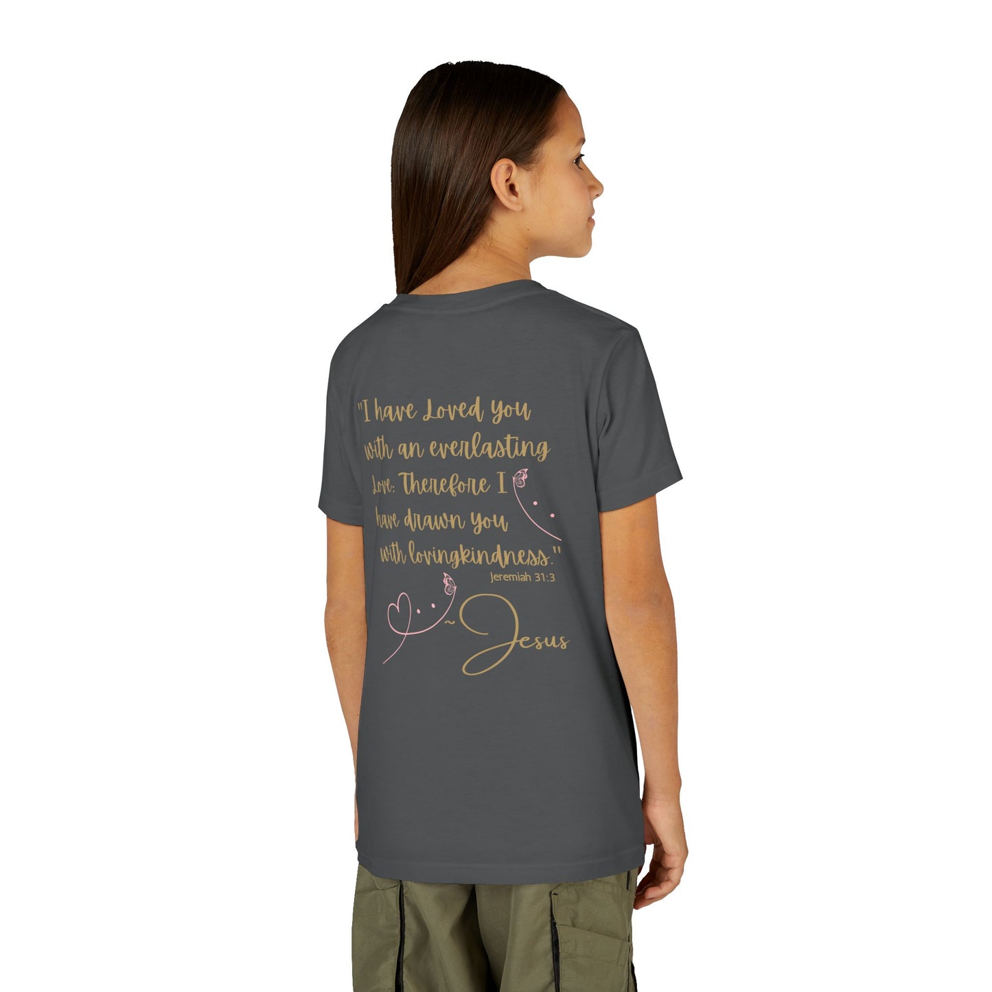 Jesus Loves Me youth shirt back view on girl model gray tee with gold scripture design and hearts