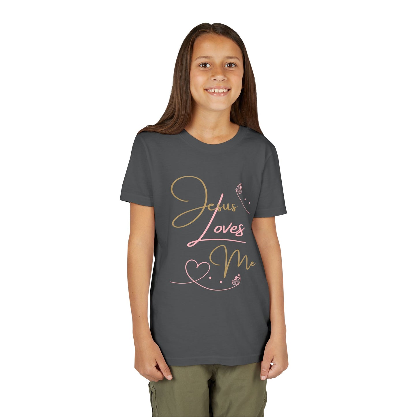 Girl wearing dark gray Jesus Loves Me youth shirt with pink gold script hearts and butterfly design