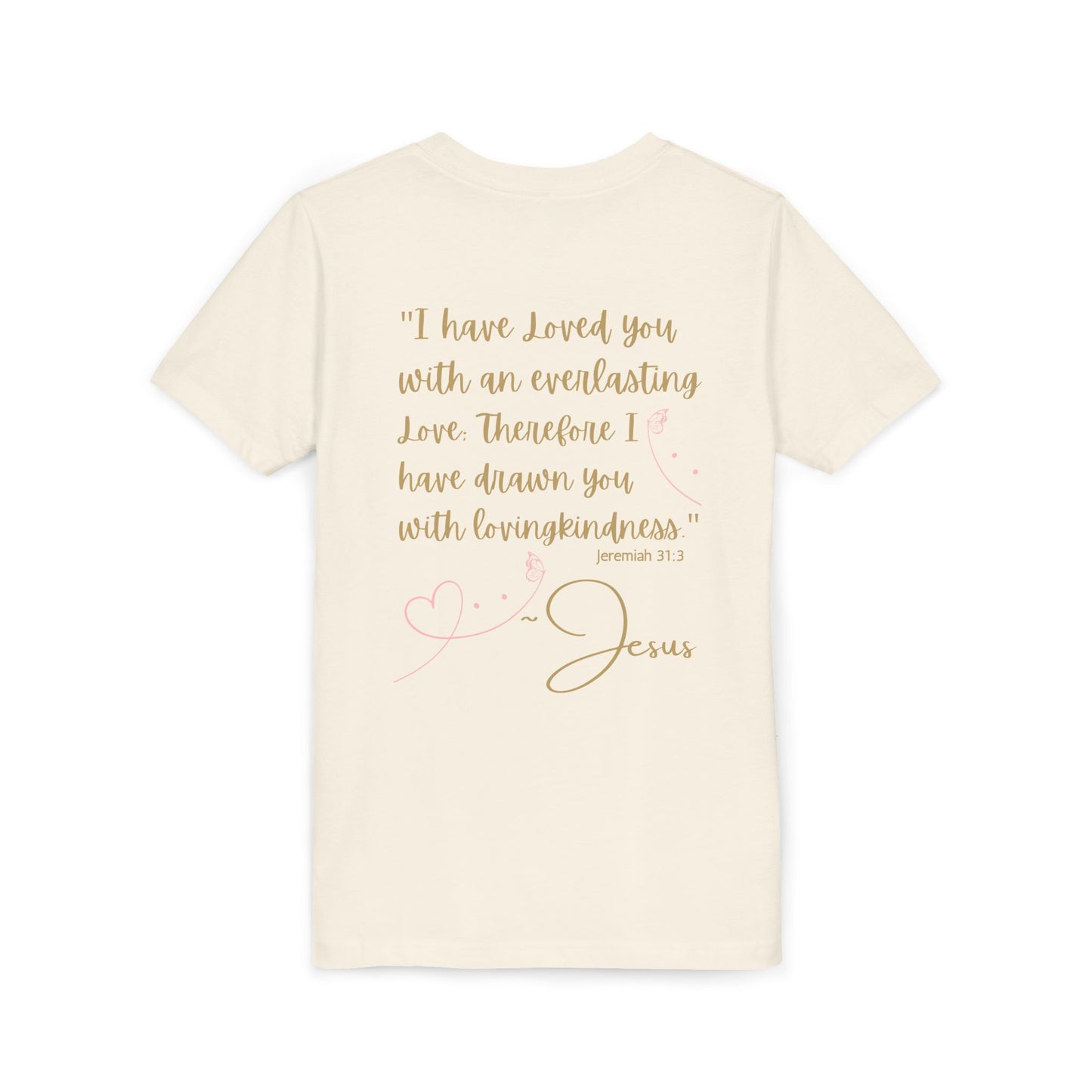 logos Co. cream youth tee with back scripture design Jeremiah 31:3 in gold script and pink hearts Jesus Loves Me youth shirt